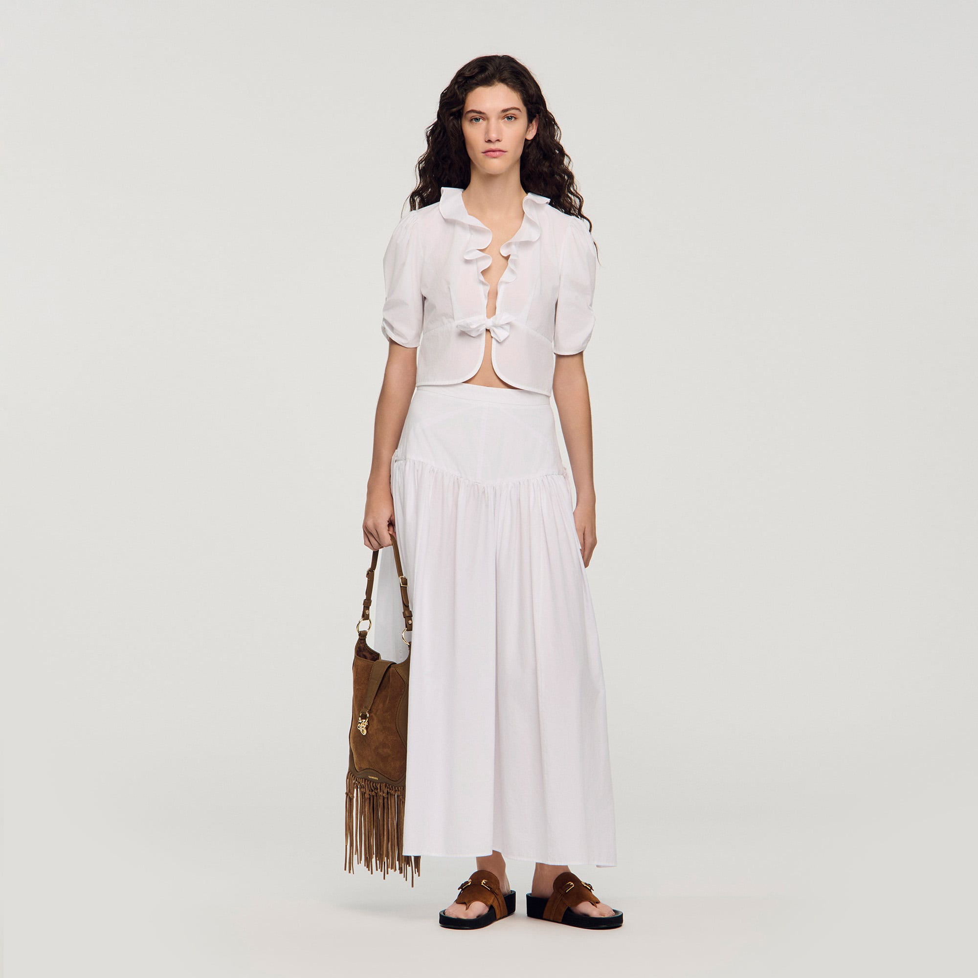 Sandro cotton Ruffled V-neck crop top with gathered short sleeves and a tie fastening at the front