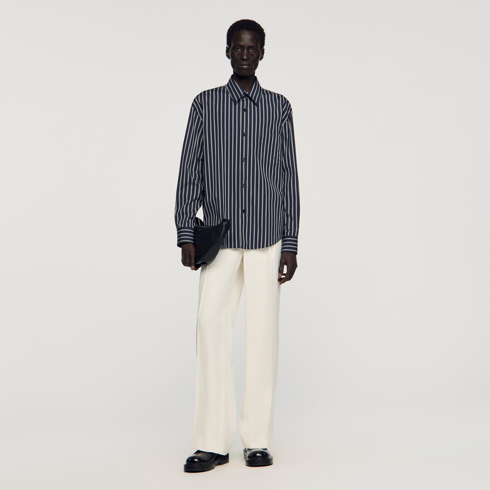 Striped cotton shirt in White / Navy for Men | Sandro Paris