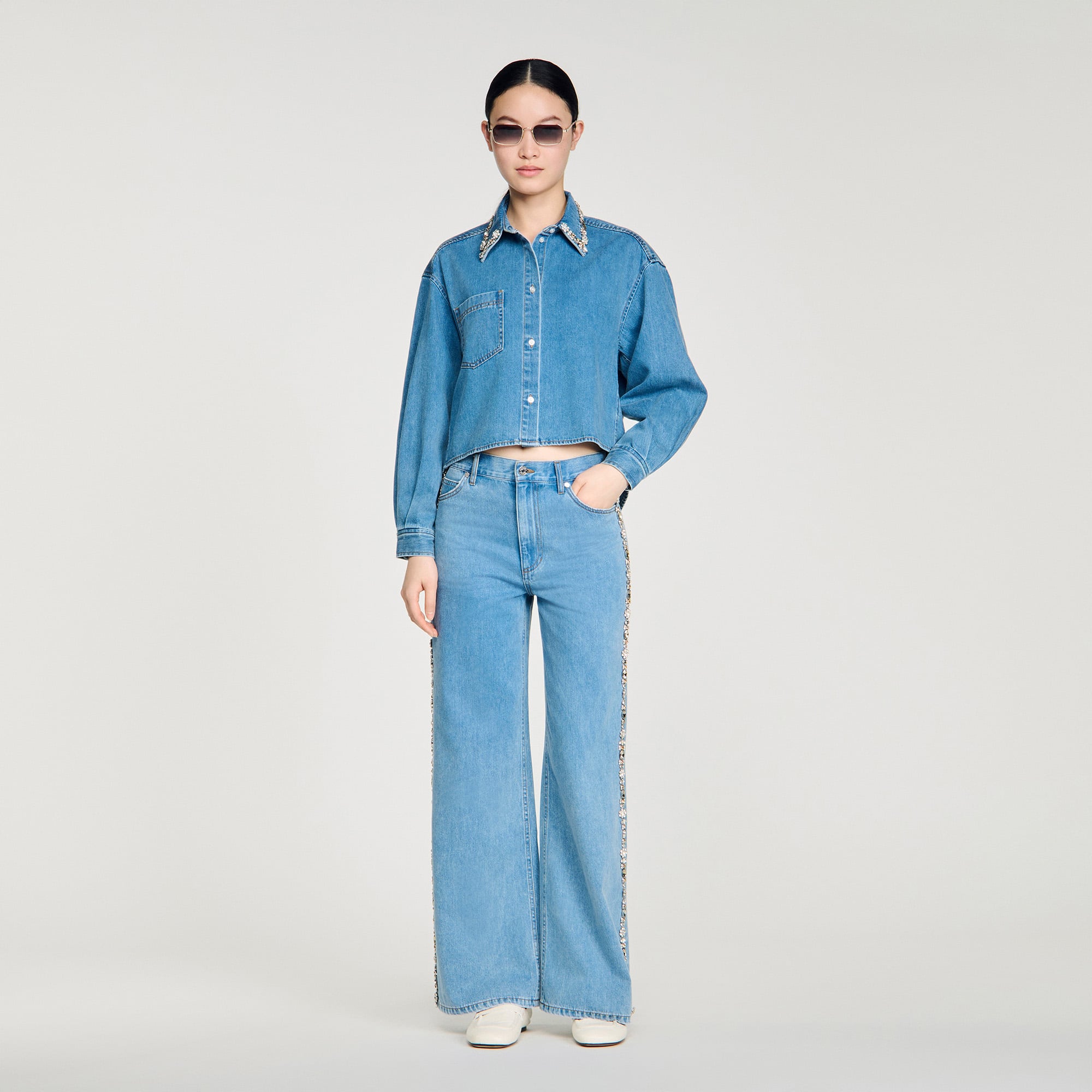 Denim shirt with rhinestones