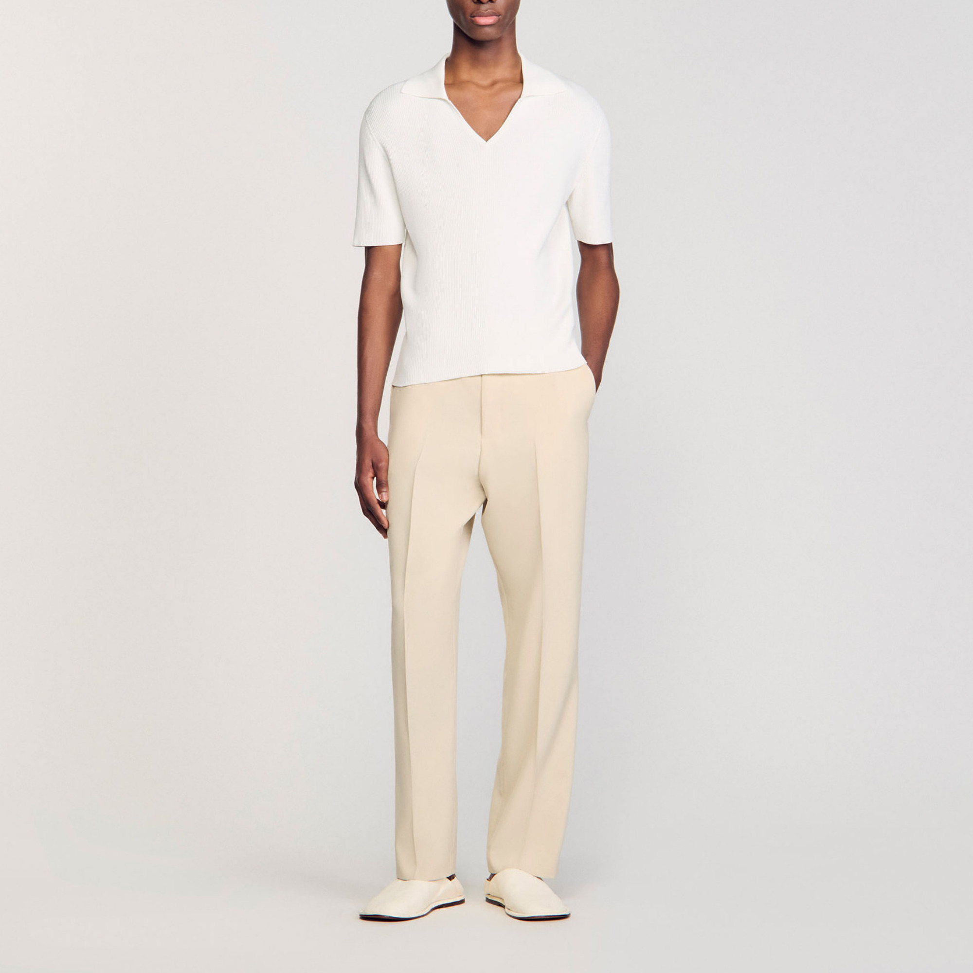 Sandro viscose Rib-knit polo shirt with lapel collar and short sleeves