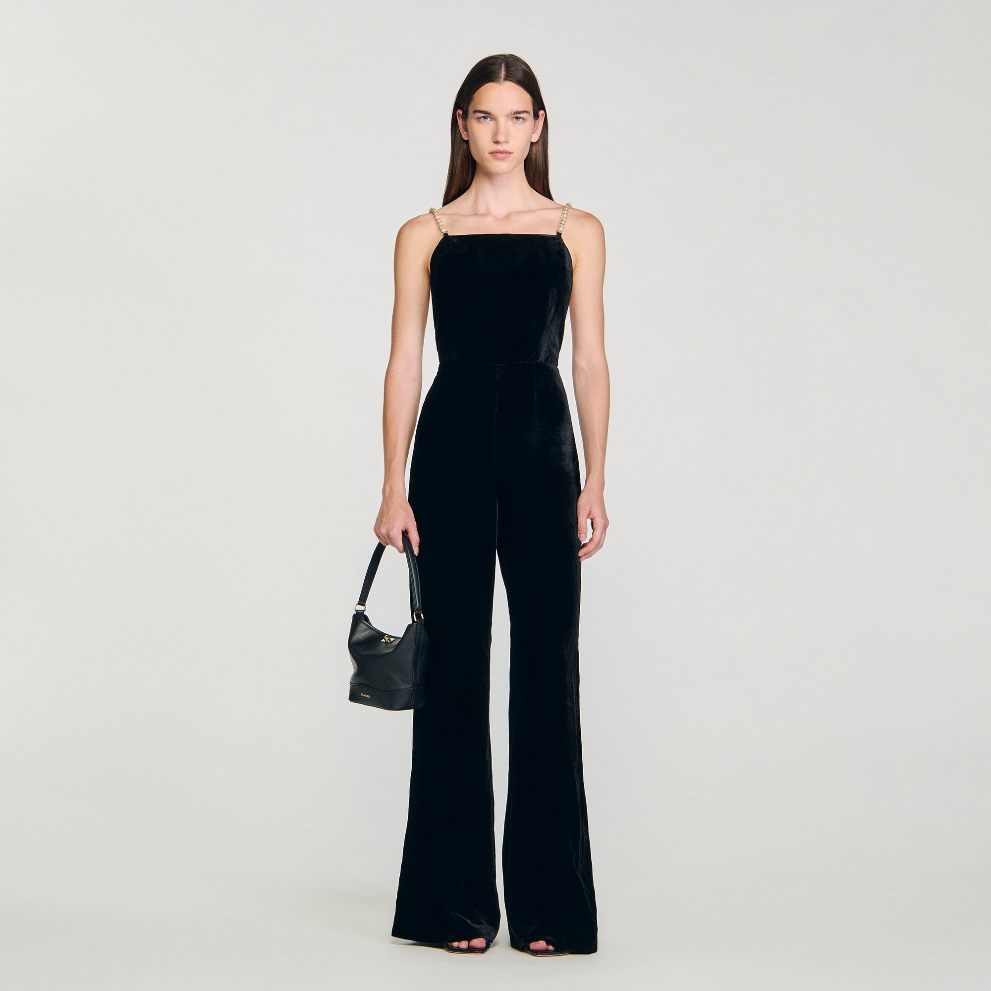 Sandro Velvet Jumpsuit With Removable Straps In Black