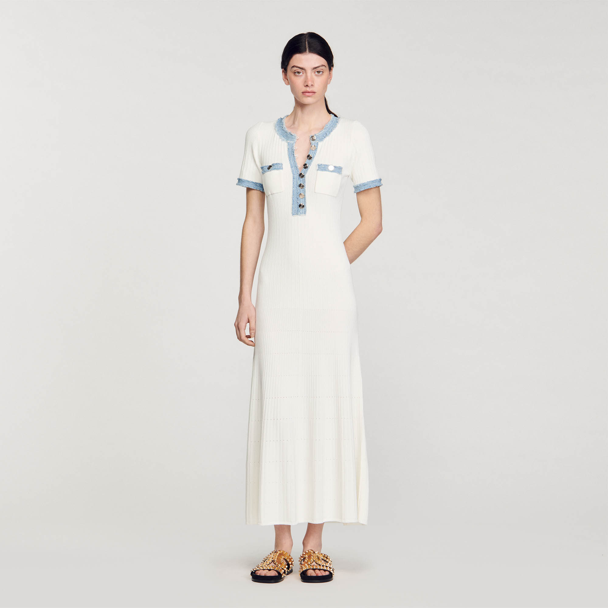 Sandro viscose Midi dress in decorative knit with frayed denim inserts, a round button-down collar, short sleeves and two patch pockets at the chest