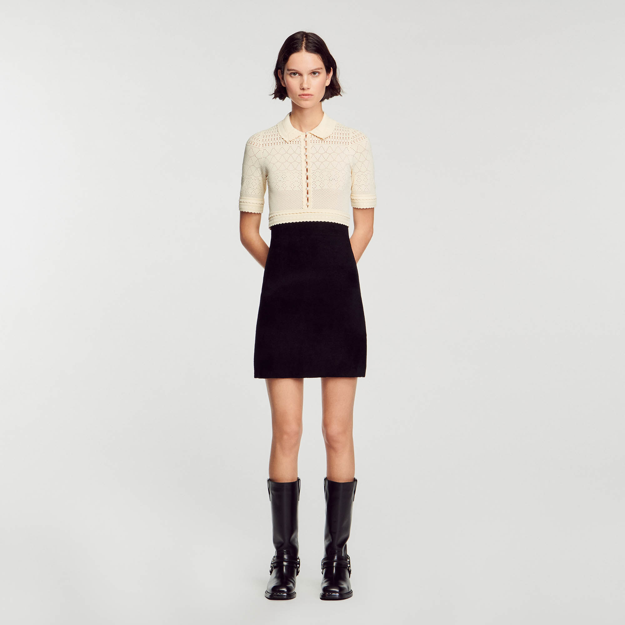 Sandro viscose Short two-tone dress featuring a contrasting pointelle knit top with a polo collar and short sleeves, and a flared skirt