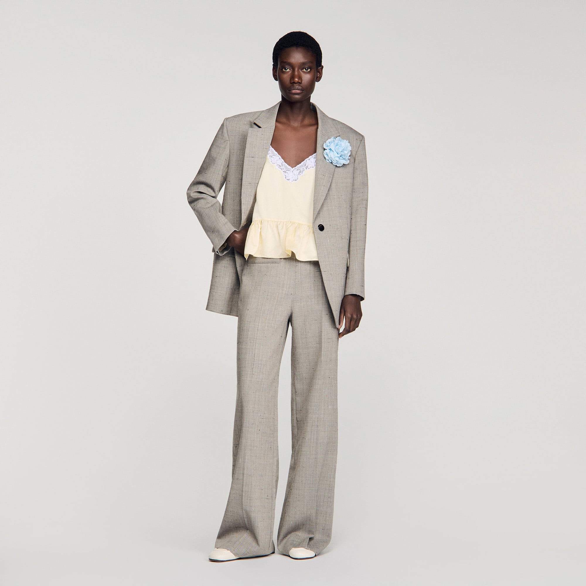 Wide-leg checked wool trousers in Greige for Women | Sandro Paris