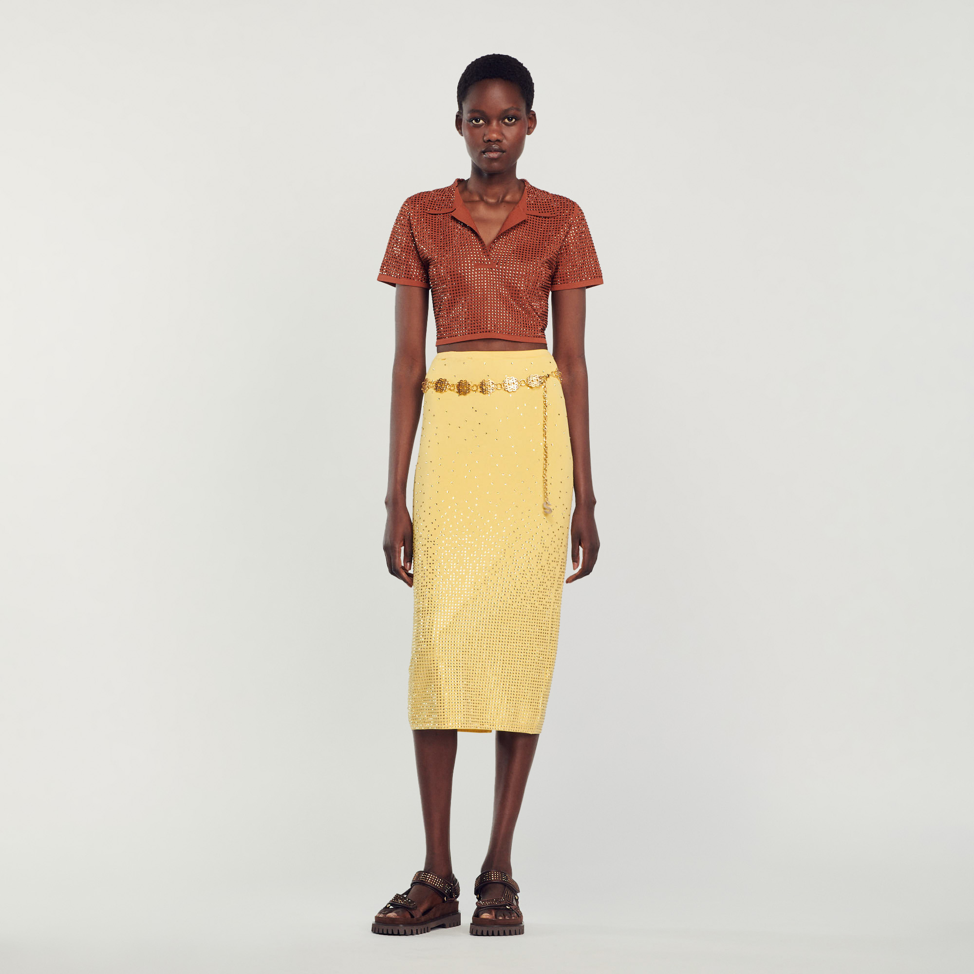 Sandro viscose Figure-hugging stretch-knit midi skirt, embellished with all-over rhinestones
