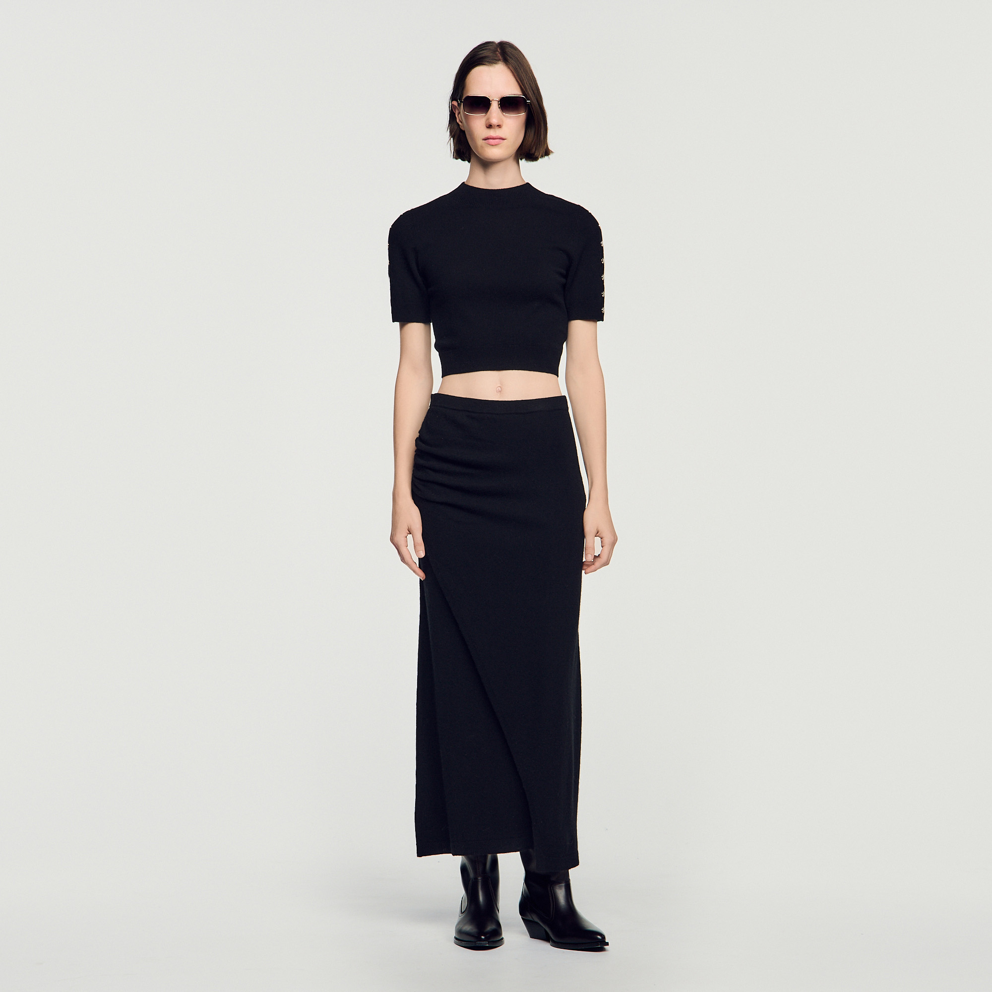 Cropped wool and cashmere jumper in Black for Women | Sandro Paris