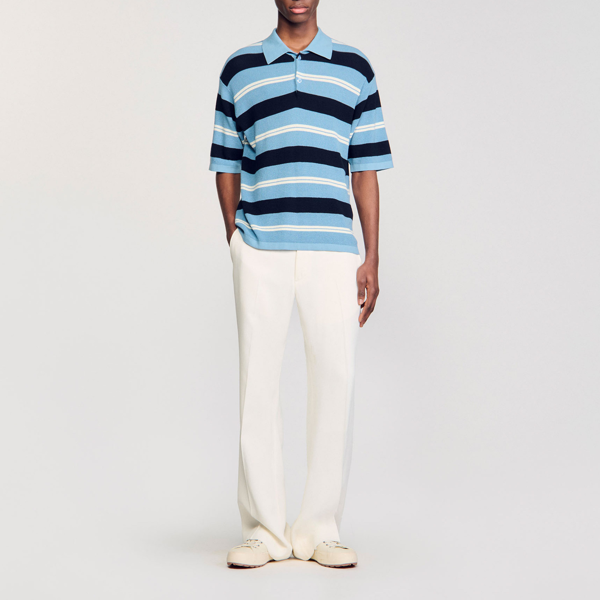 Sandro cotton Striped knit polo shirt with button-down collar and short sleeves