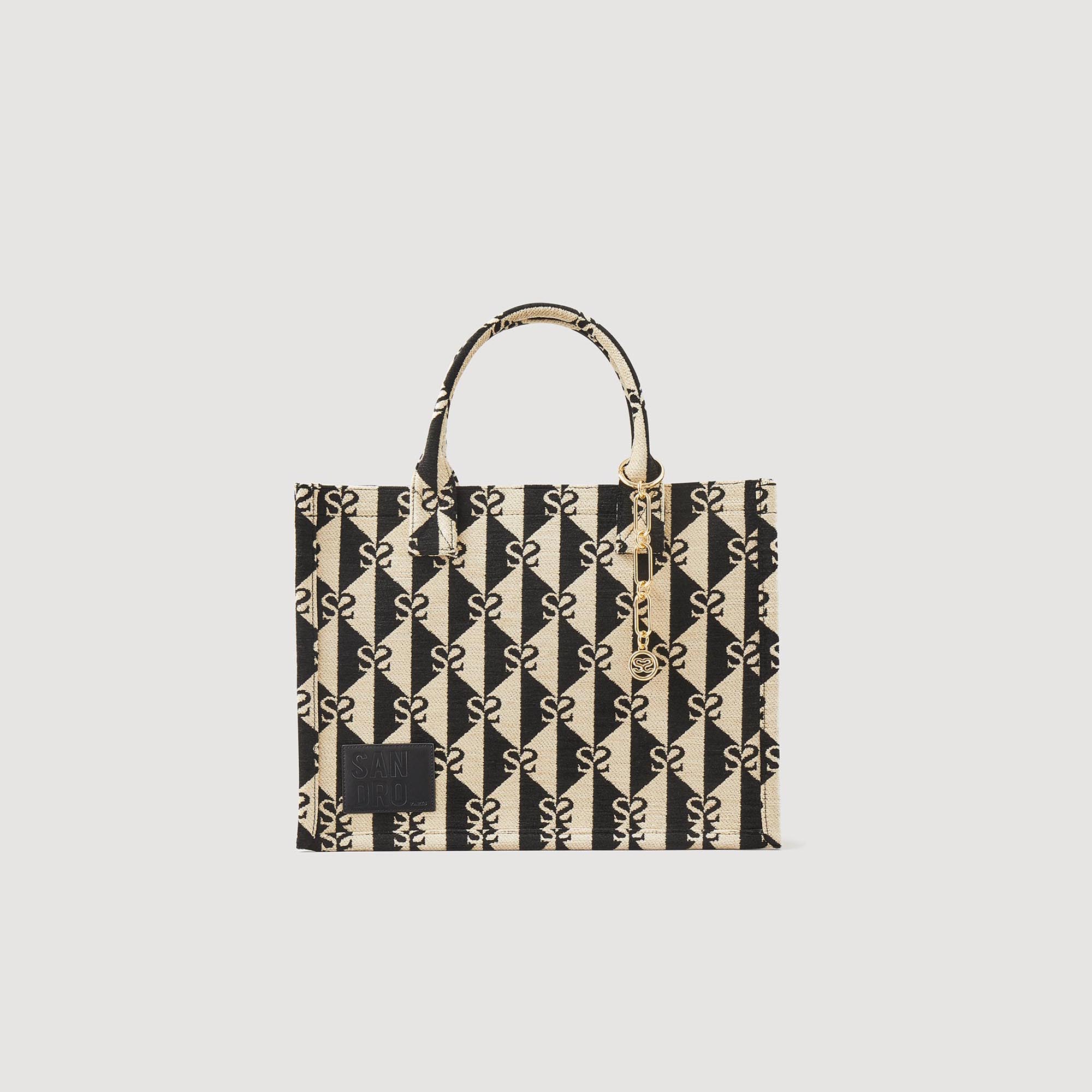 Sandro acrylic Large tweed tote bag with double S pattern, handles, magnetic clasp and removable jewellery chain