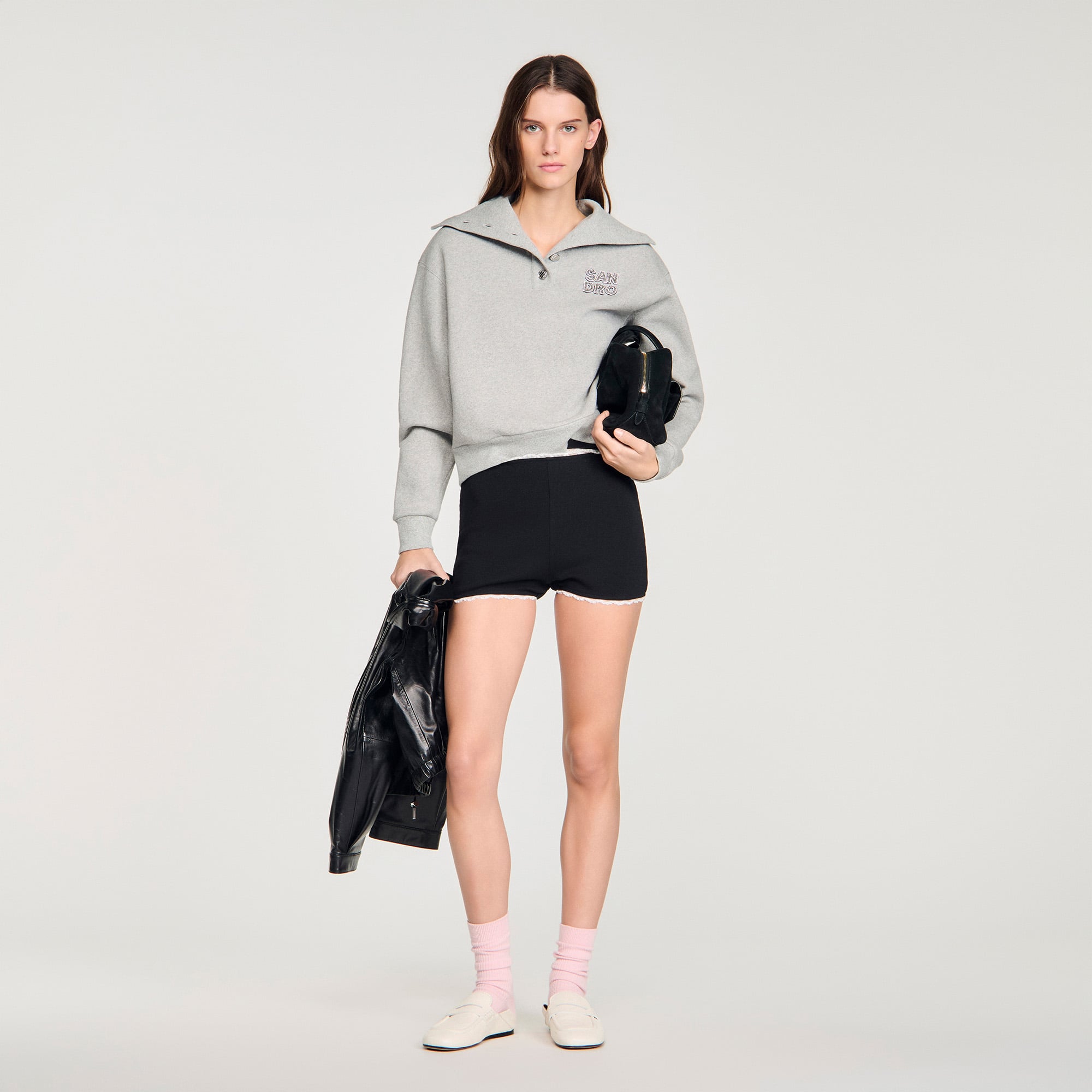 Sandro cotton Ribbed cotton shorts embellished with a contrasting beaded trim and embroidery