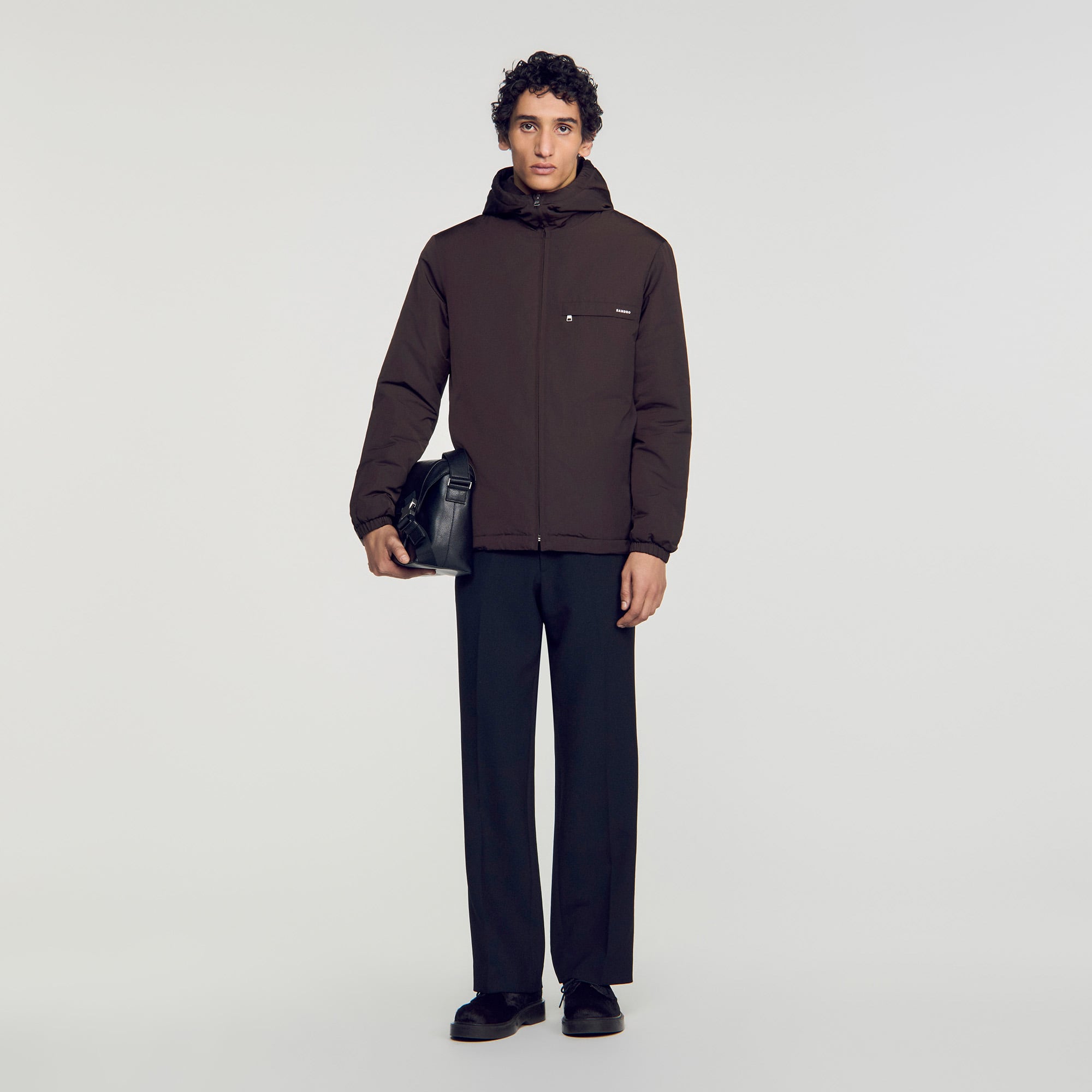Sandro Hooded Zip-up Jacket In Taupe / Kaki