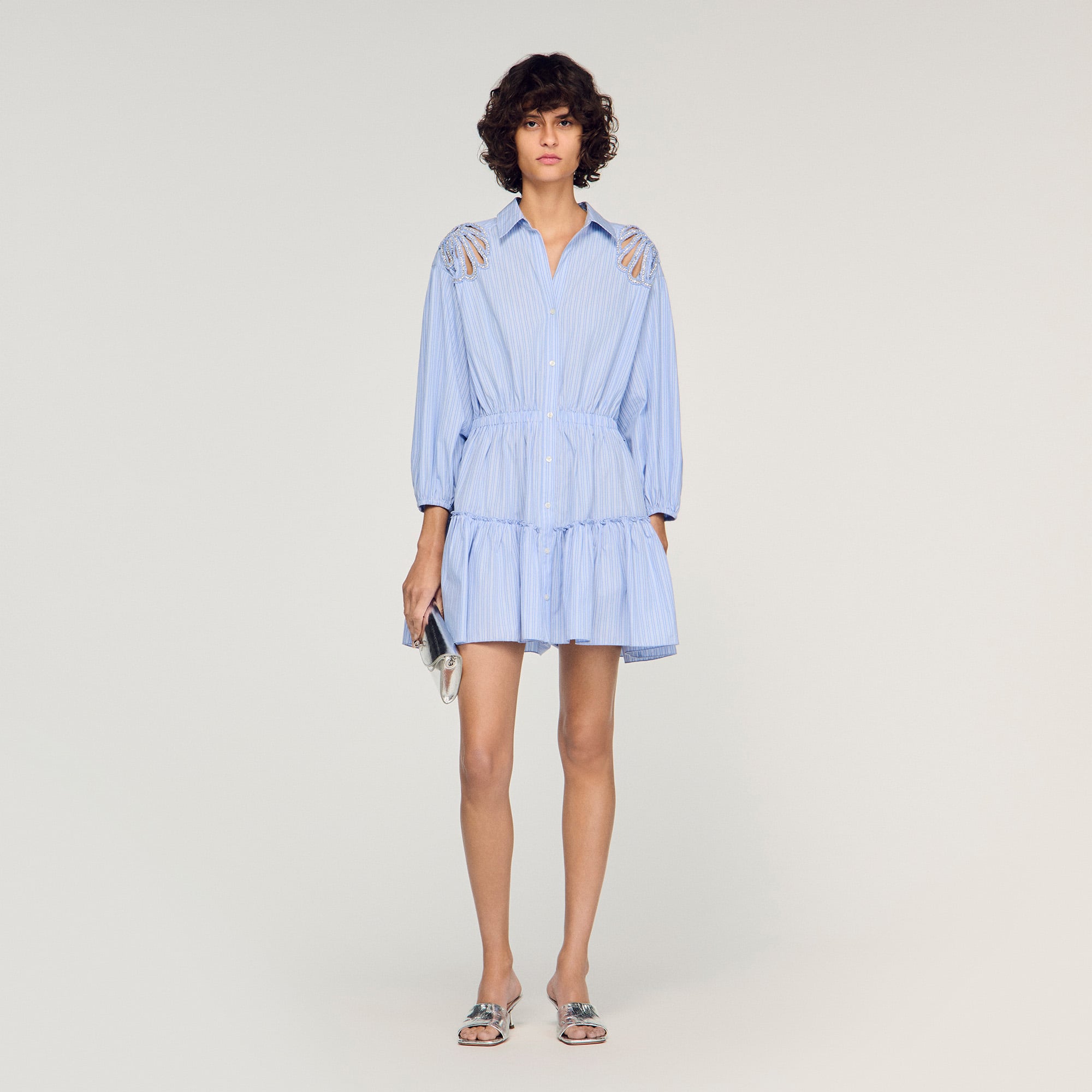 Sandro Mini Striped Cotton Dress In Blue