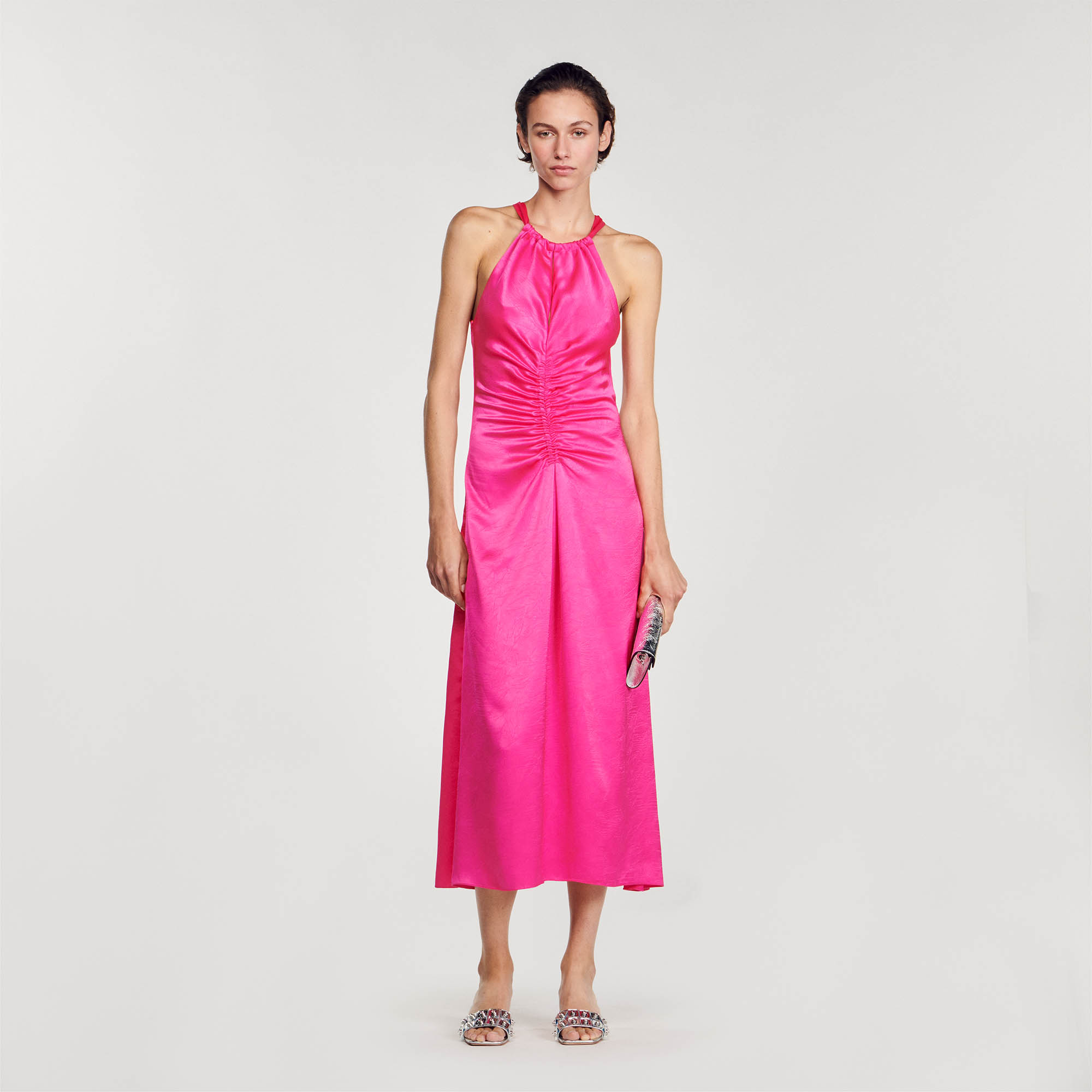 Sandro Ruched Satin-Effect Maxi Dress