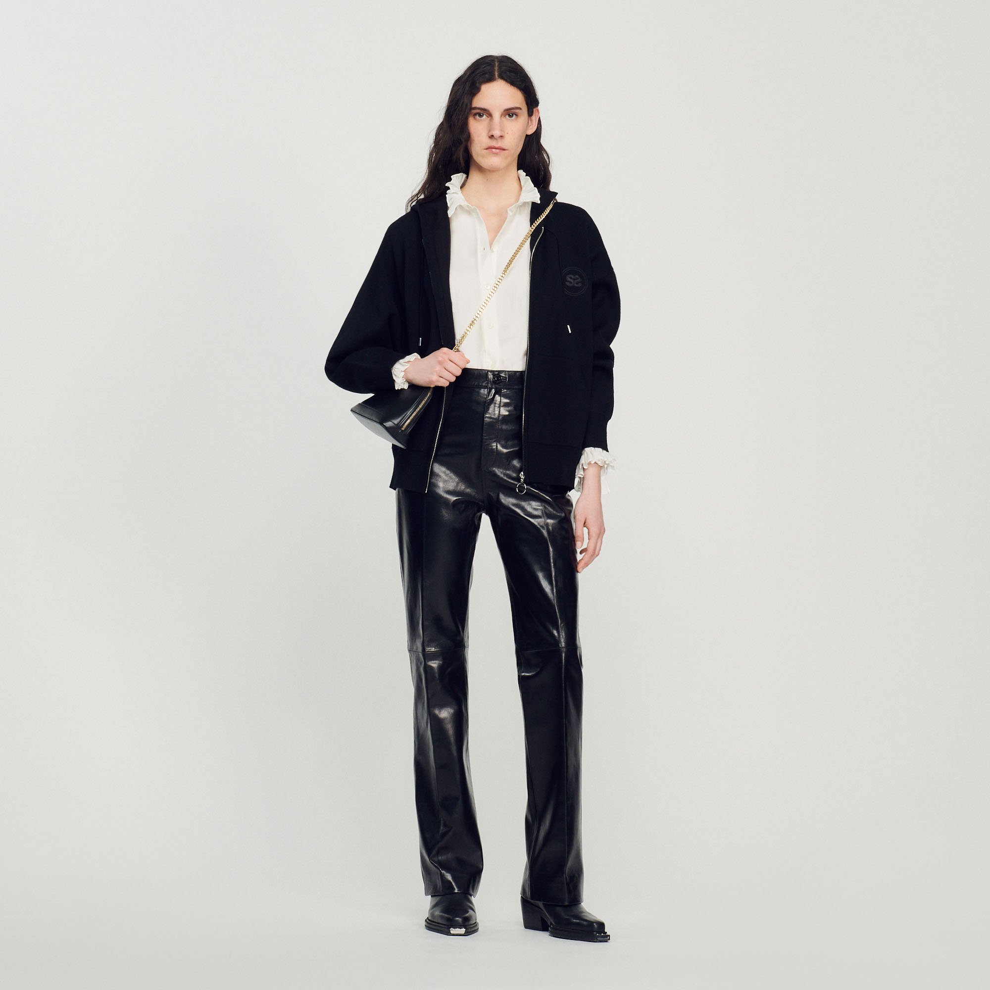 Sandro lamb Trouser lining: Leather straight-leg pants with a flared hem and front and back pockets