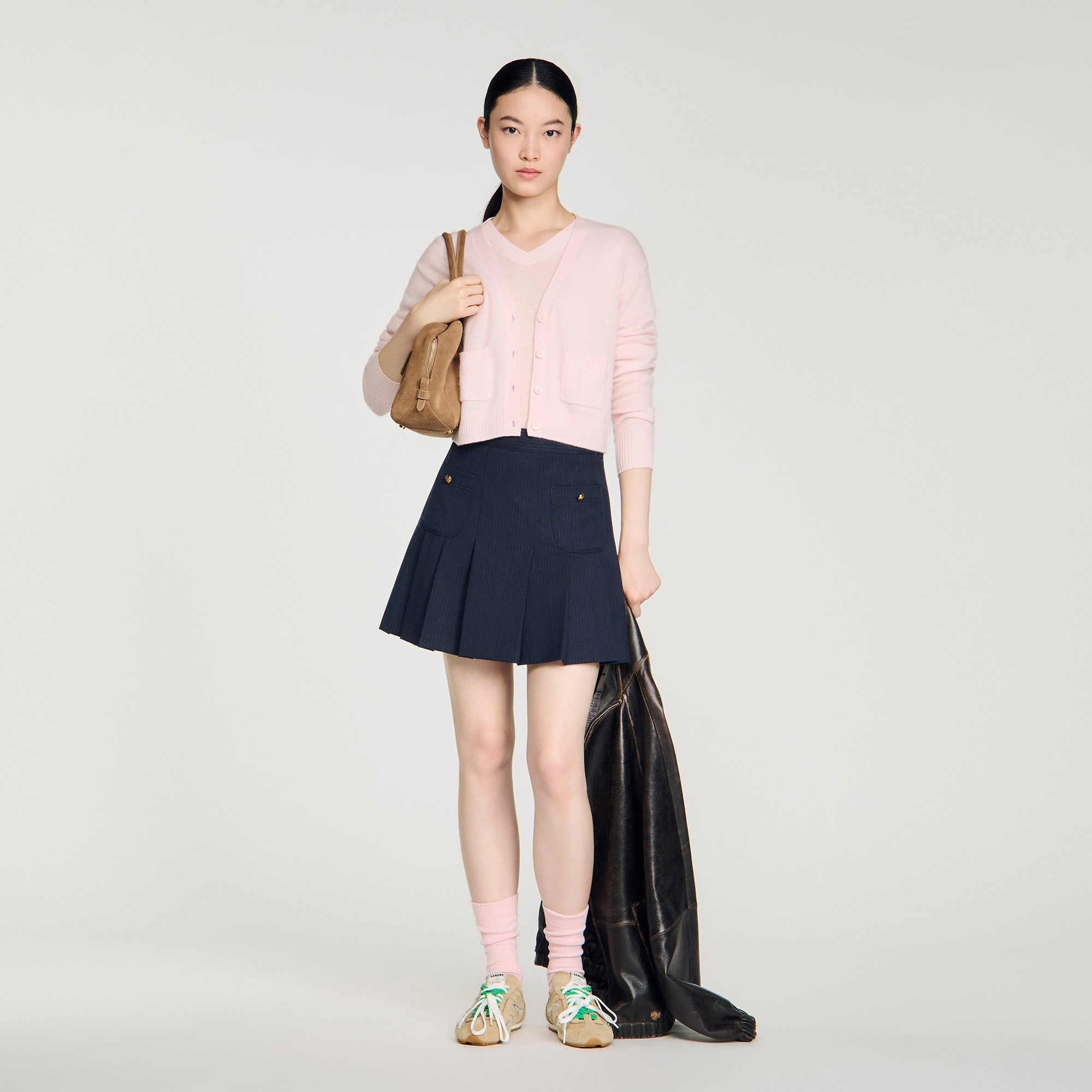 Sandro wool Wool and cashmere cropped cardigan with a V-neck and patch pockets