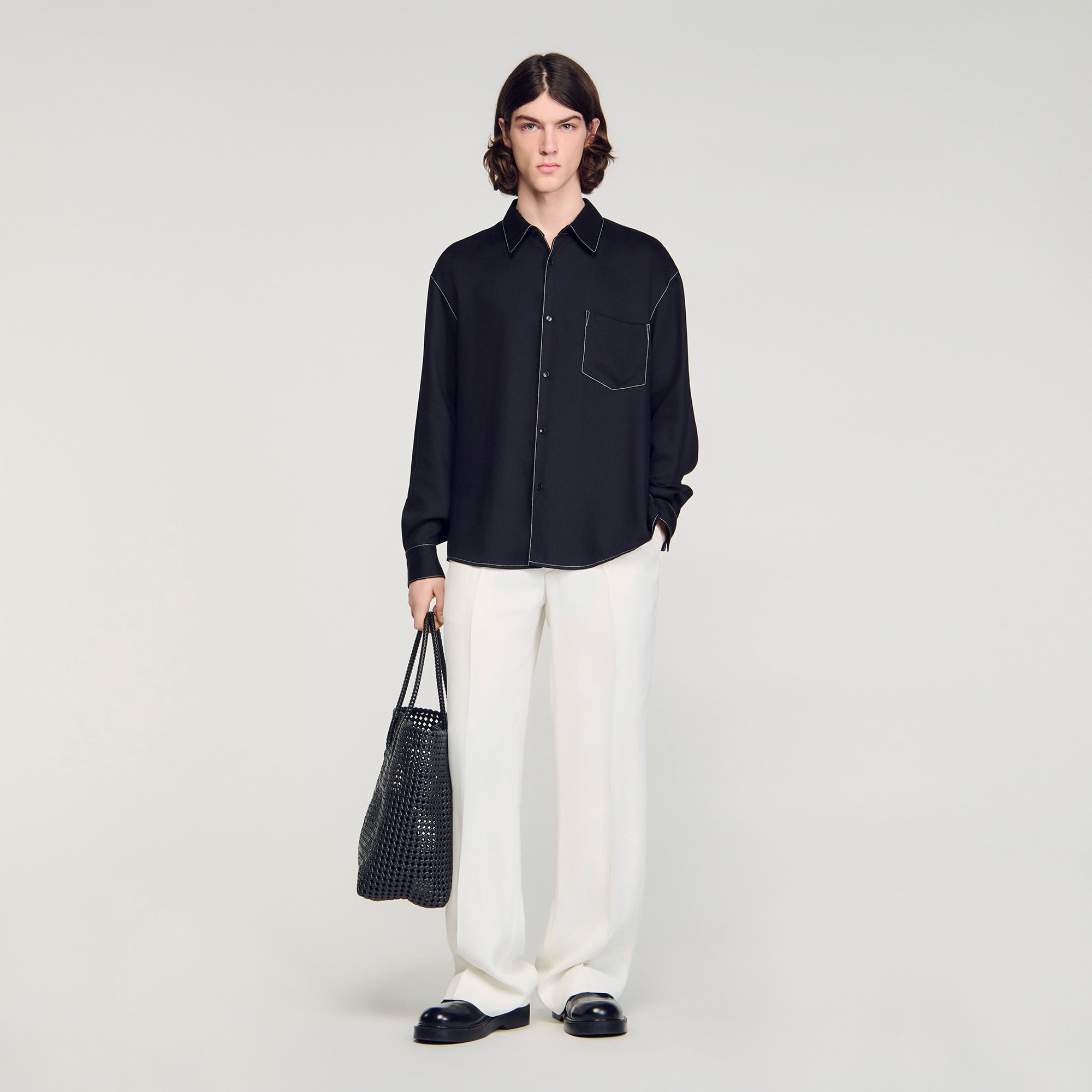 Sandro lyocell Flowing shirt featuring contrast topstitching, front button fastening and patch pocket
