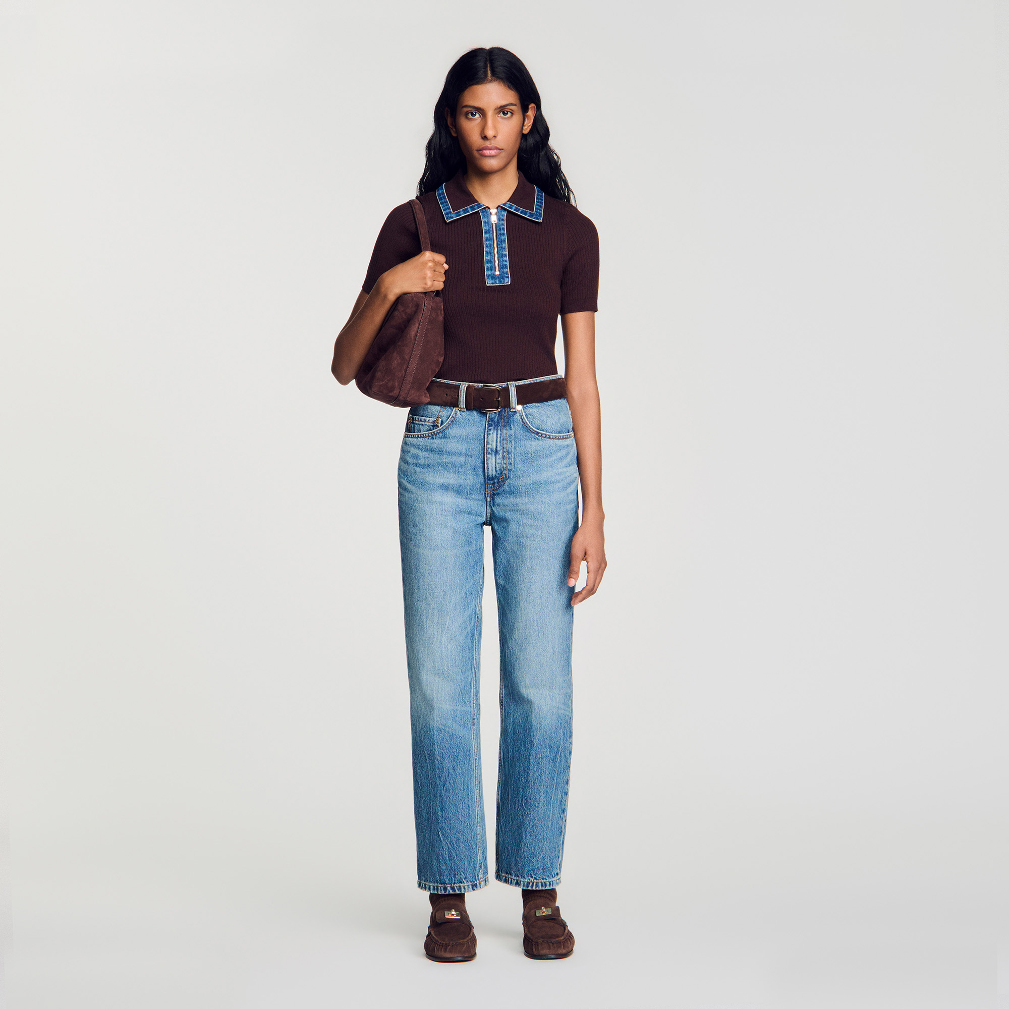 Polo Sweater with Denim Collar