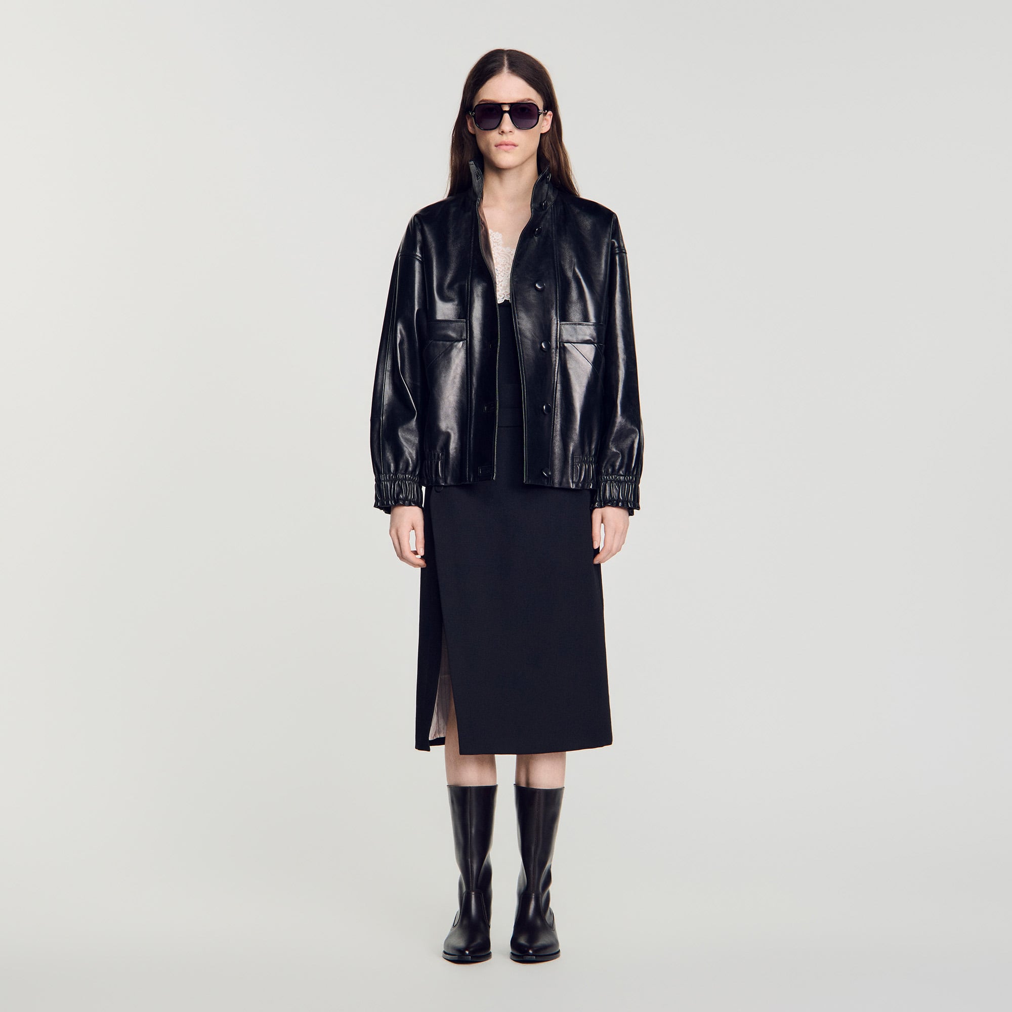 Oversized leather jacket in Black for Women | Sandro Paris