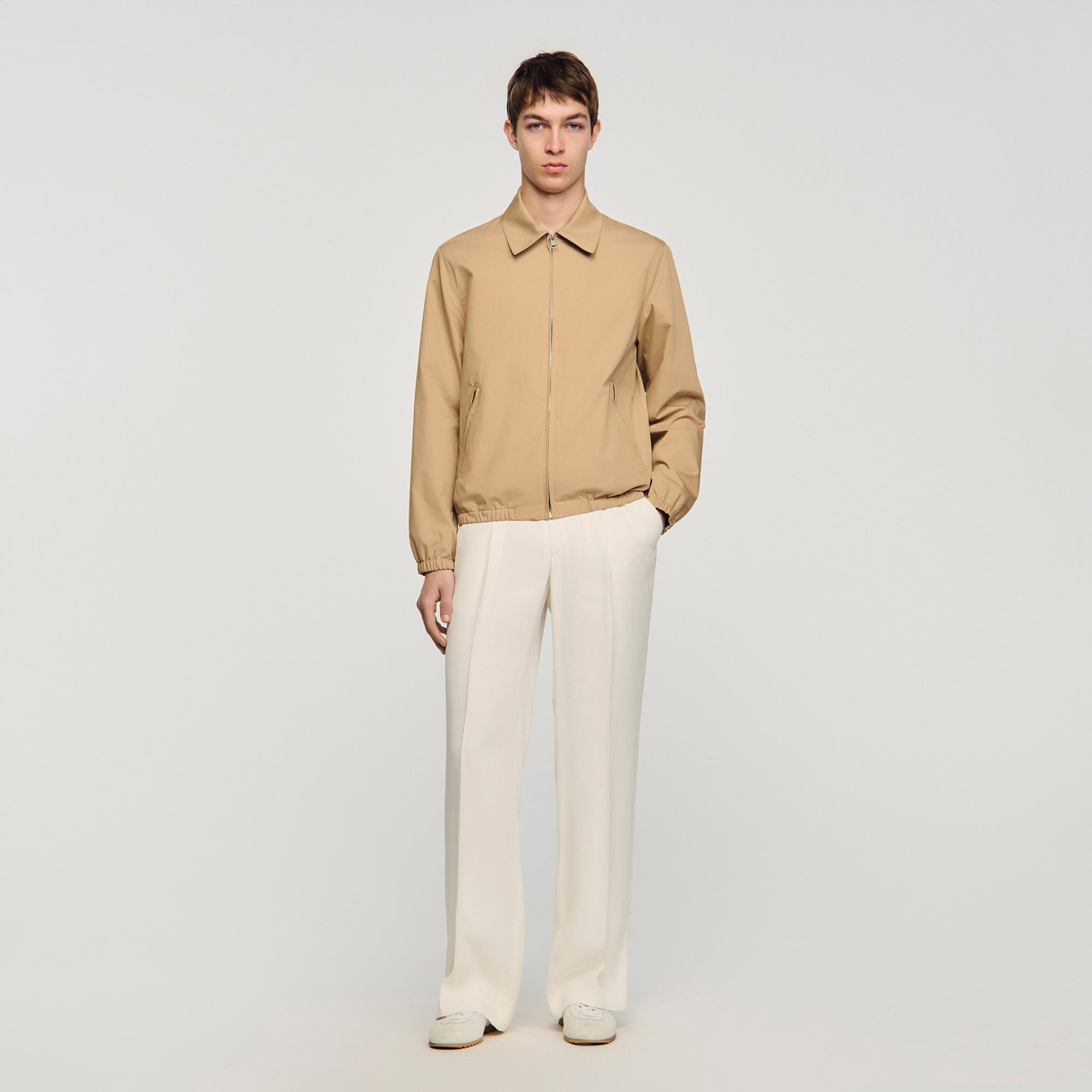 Zip-up cotton jacket in Sand for Men | Sandro Paris