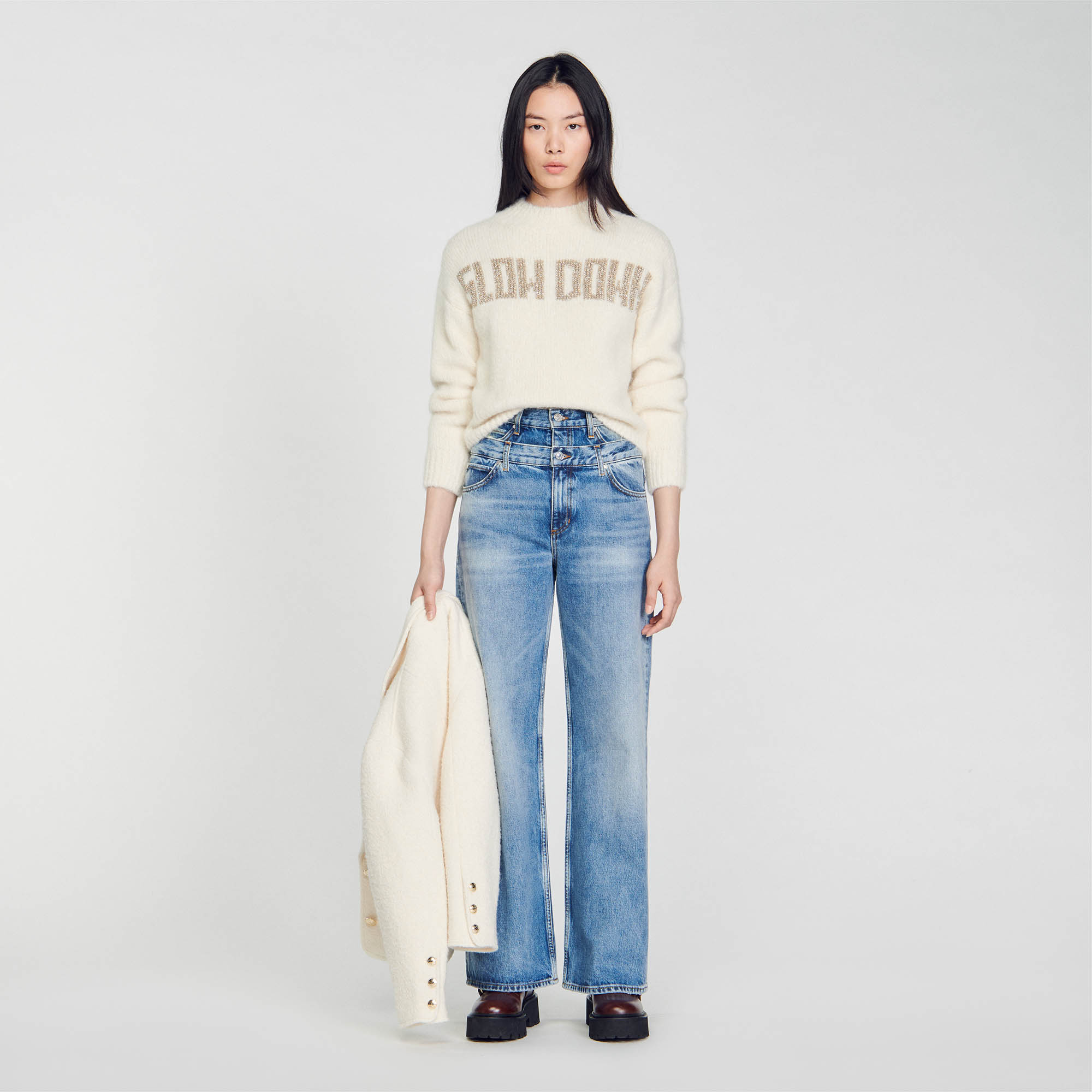 Sandro alpaca Fluffy knit sweater with high neck and long sleeves, embellished with a jacquard Slow Down on the chest