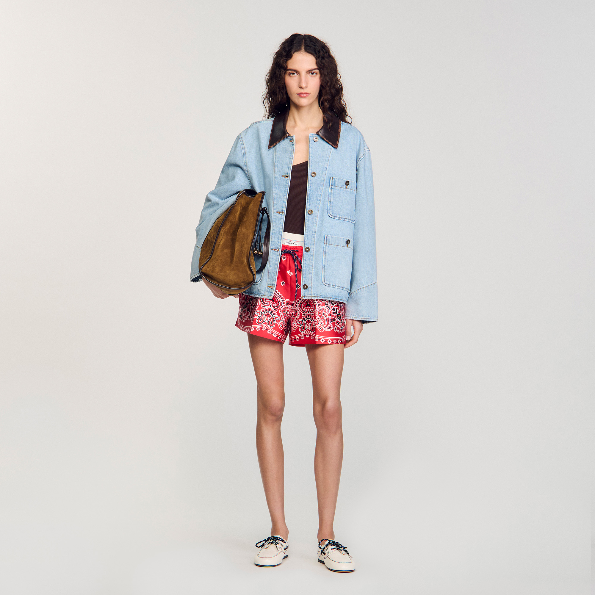 Sandro Denim jacket with leather collar