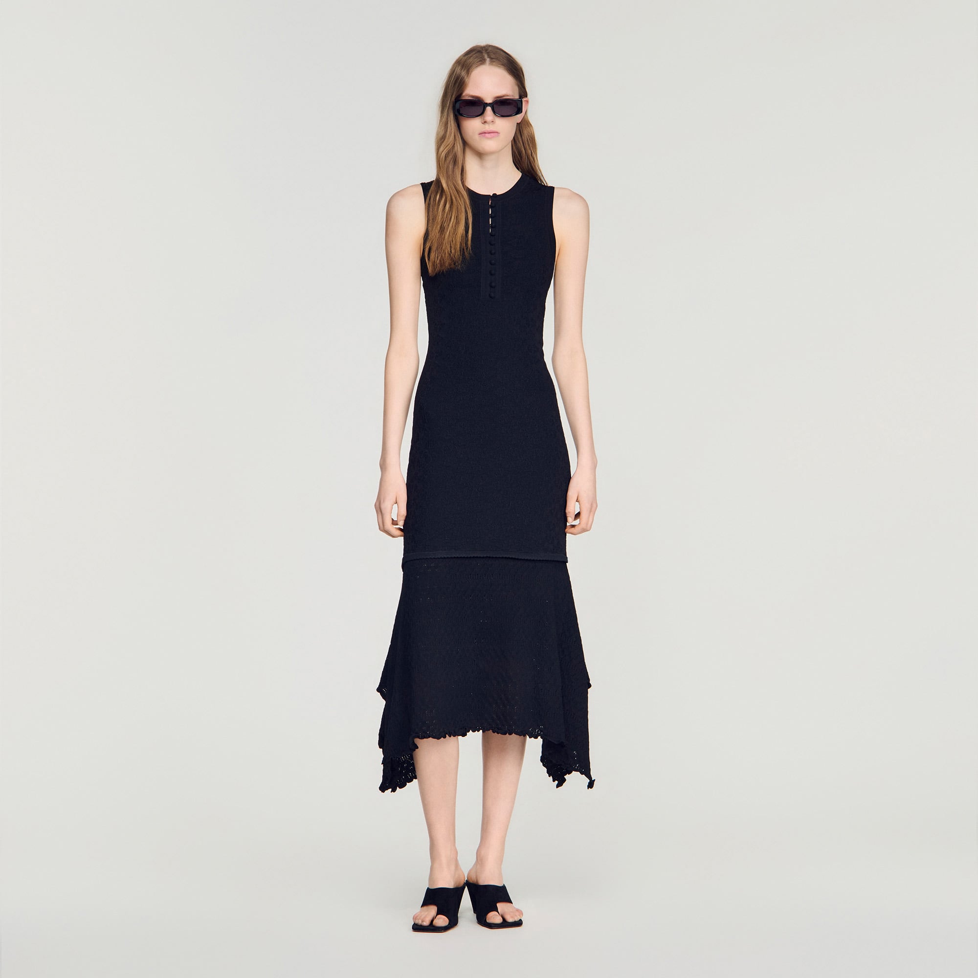 sandro denim trim dress Sandro Denim-Trim Knitted Maxi Dress in Blue