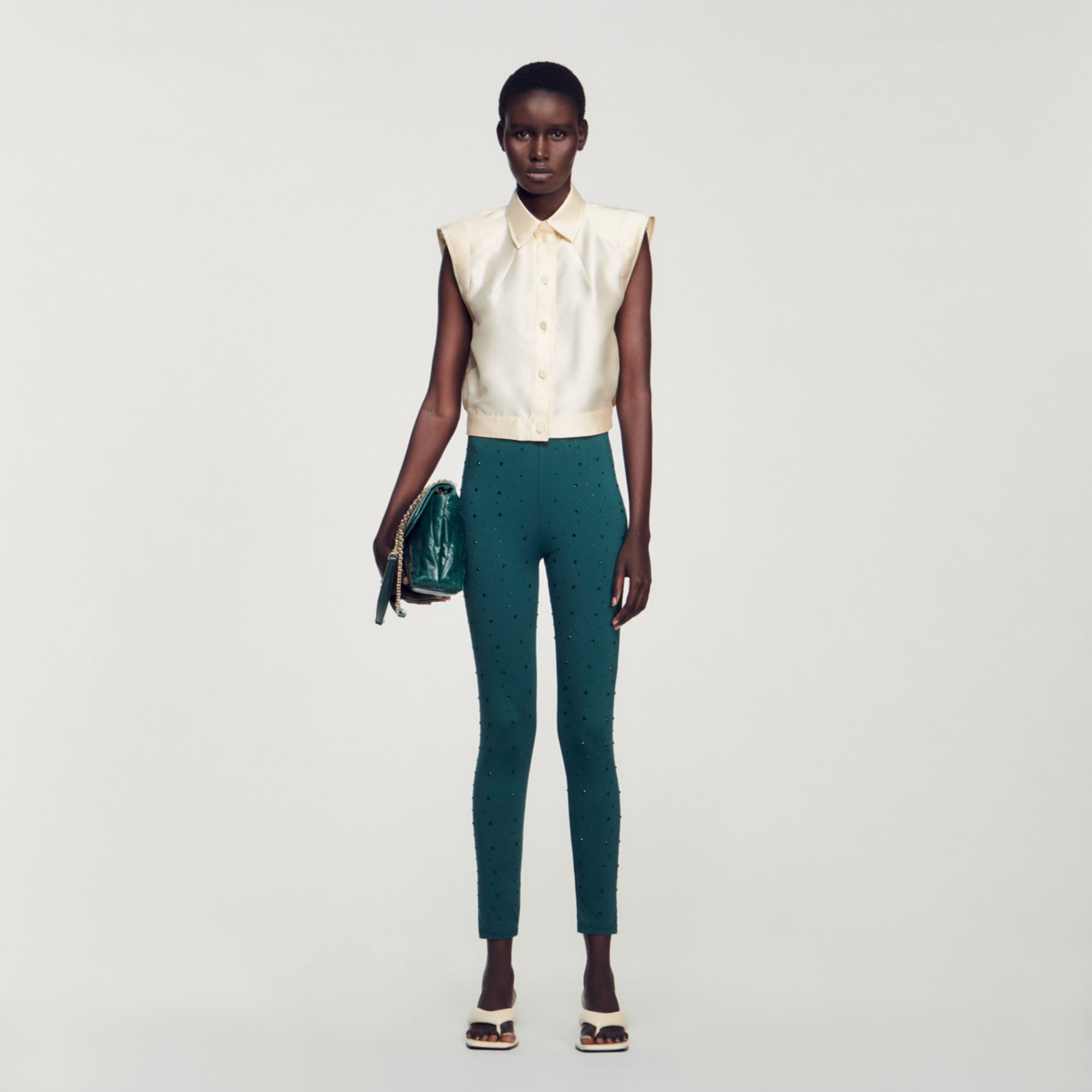Sandro polyester Cropped satin sleeveless shirt with a collar and a button fastening