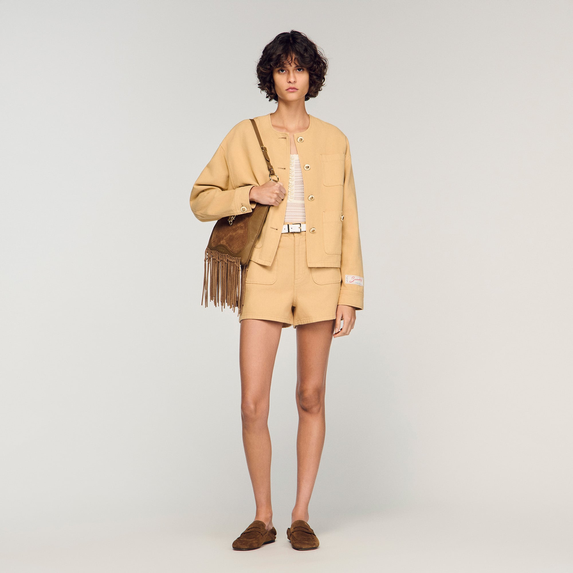 sandro PARIS 春ツィードジャケット金ボタンテープトリムM相当 Denim jacket in Beige for Women | Sandro Paris