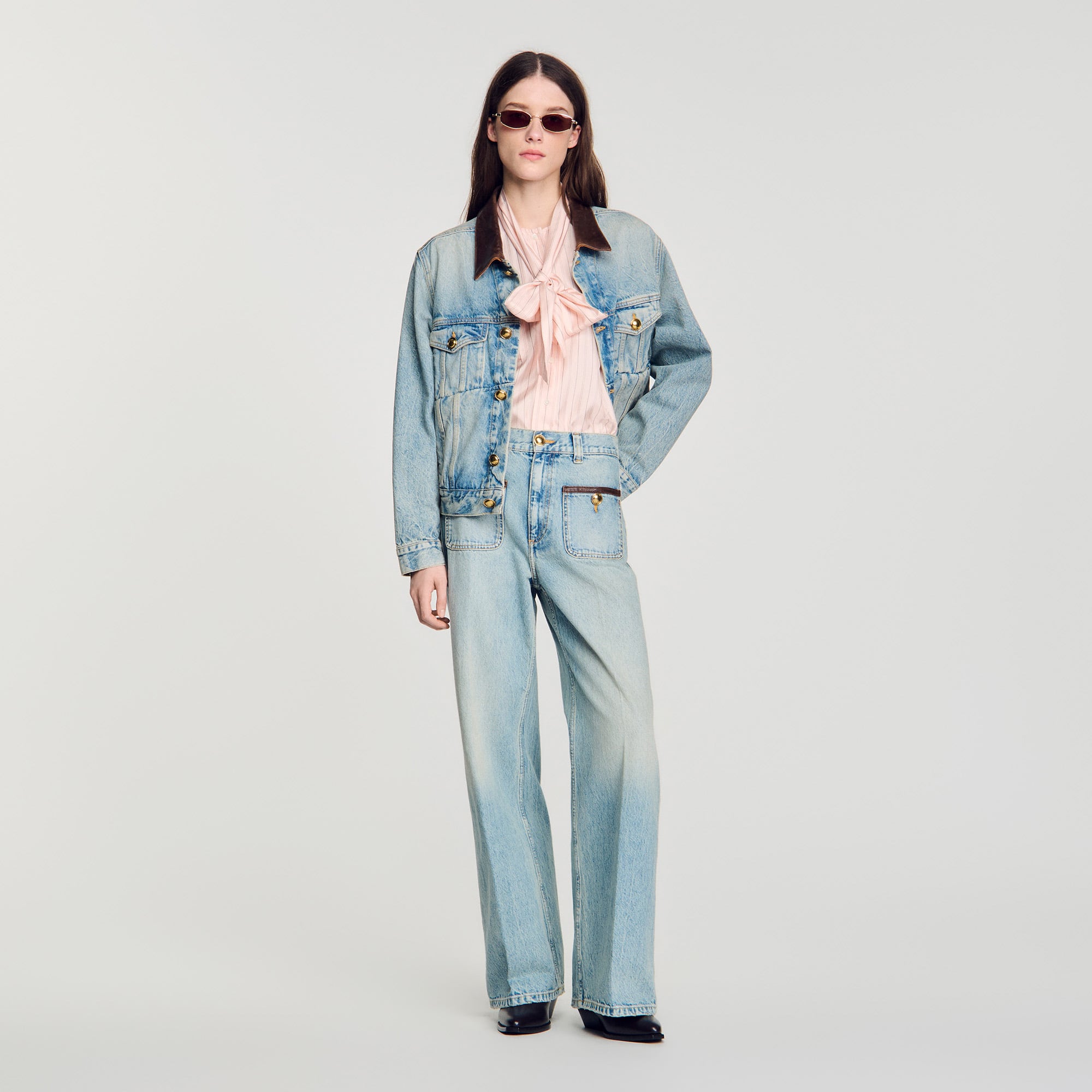 Straight-leg leather detail jeans