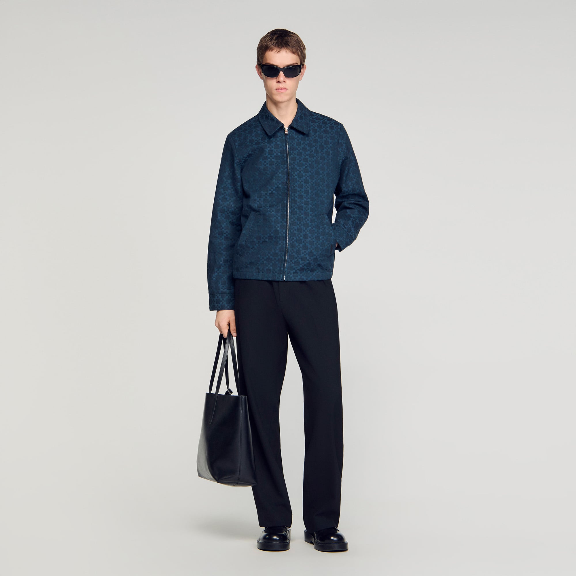 Sandro cotton Slim-fit Square Cross jacquard denim jacket with front zip fastening and Sandro leather details