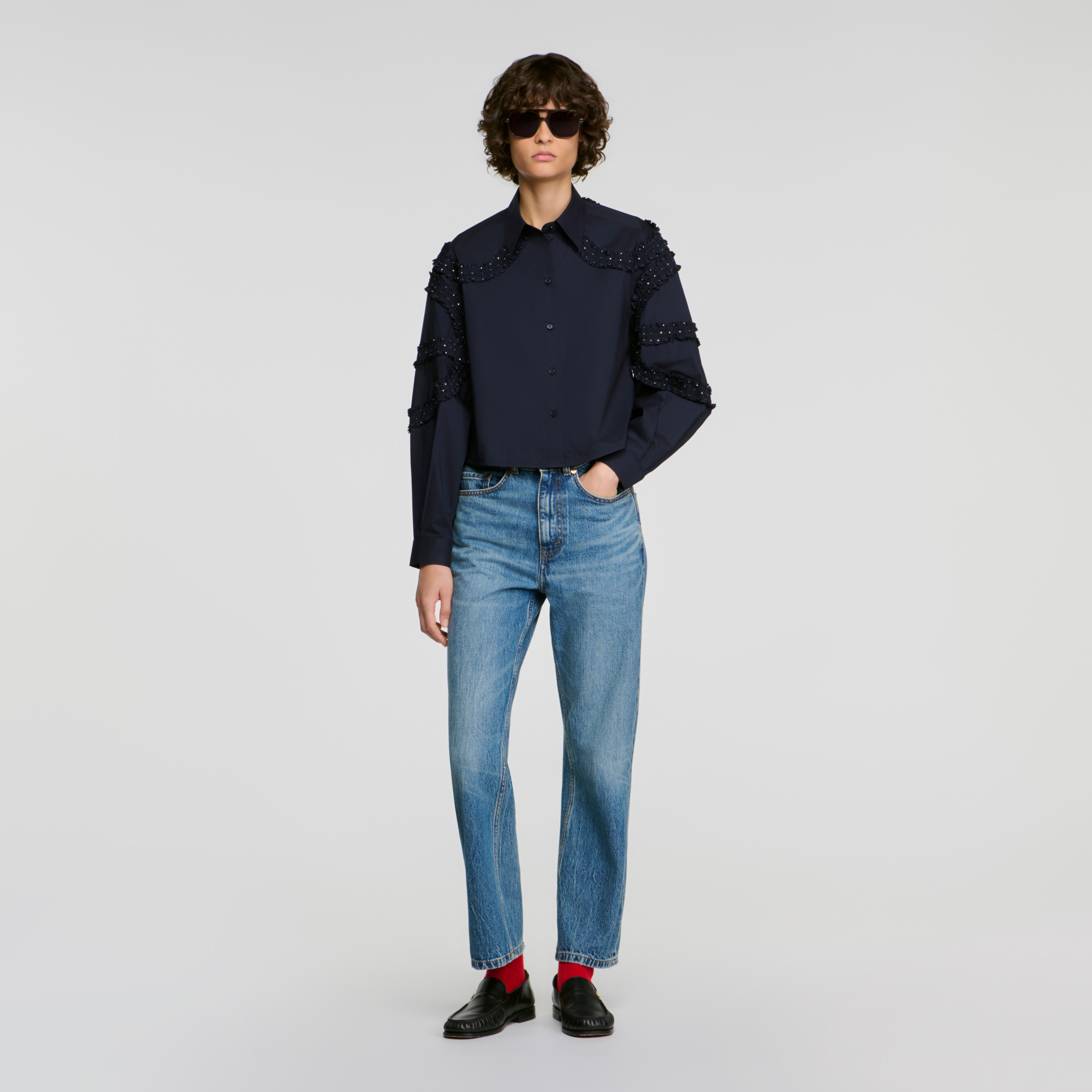 Gathered rhinestone cotton shirt