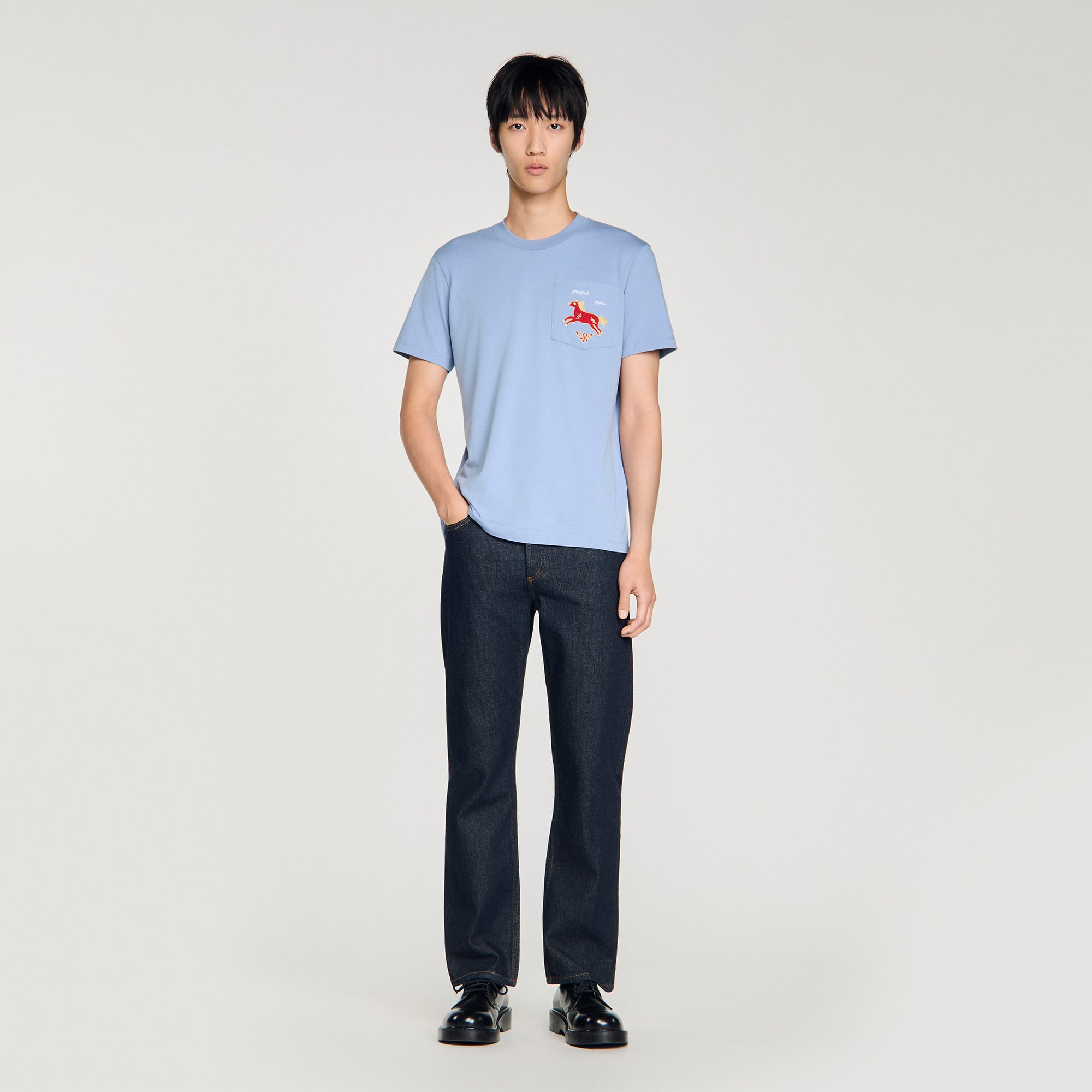 Sandro cotton Cotton T-shirt with a round neck and short sleeves, embellished with a horse embroidery on the chest