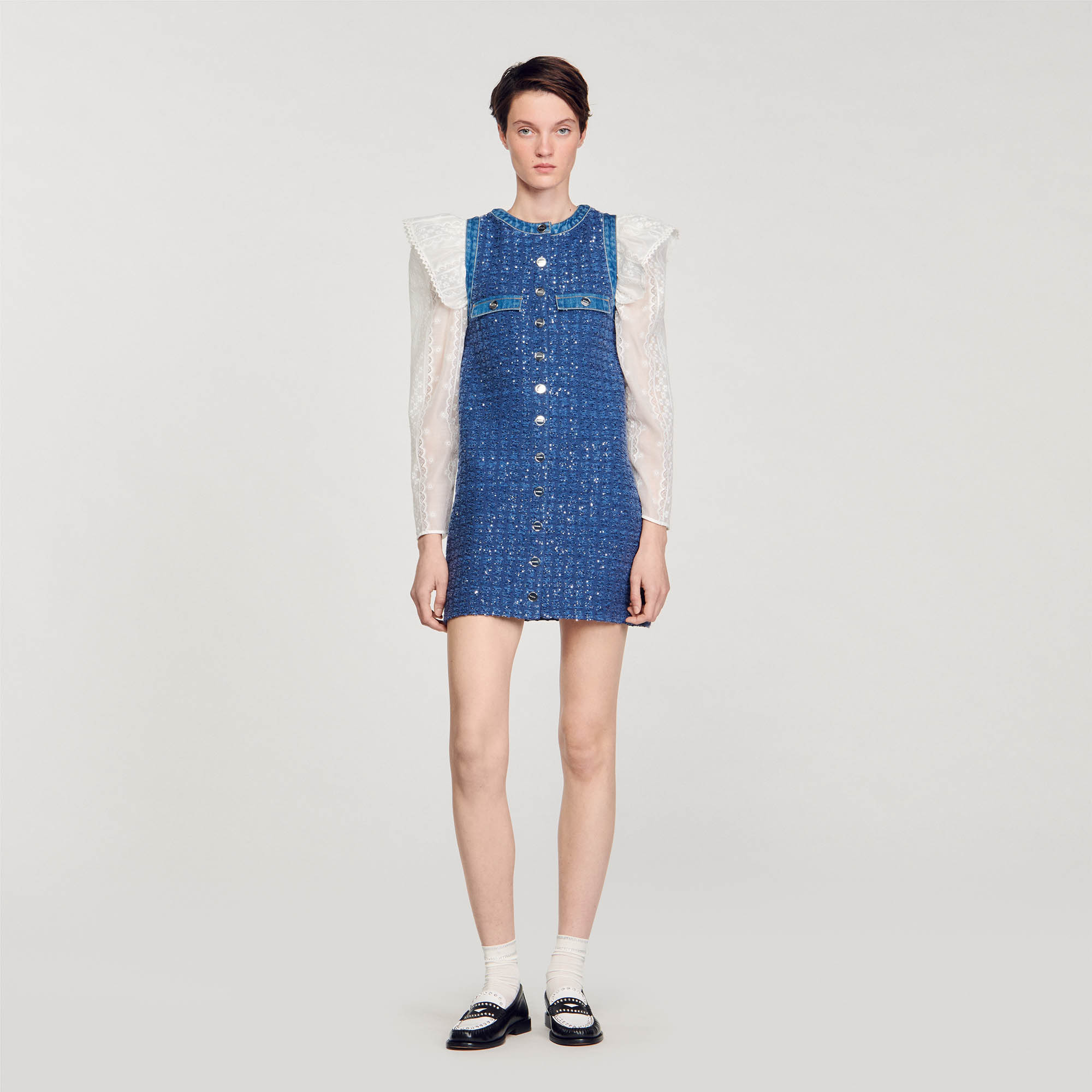 Sandro polyamide Sleeveless short trapeze dress in glittering tweed-effect decorative knit featuring a round neck, button fastening and welt pockets on the chest