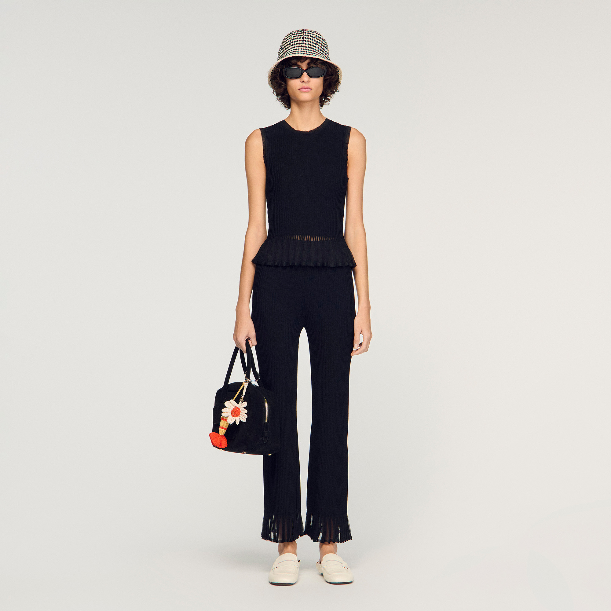 Sandro viscose Fitted ottoman knit top with ruffles at the neckline, sleevless and hem