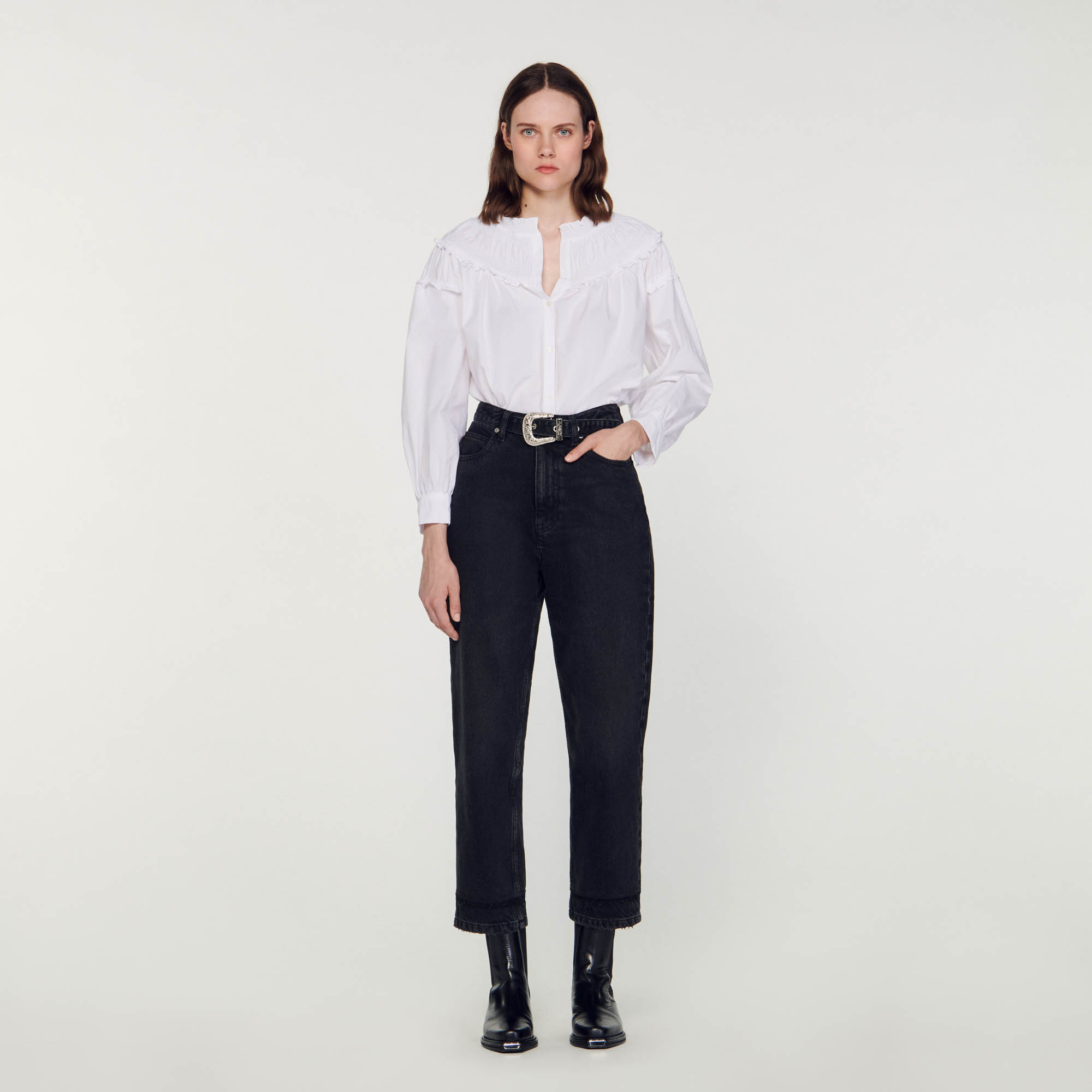 Sandro cotton Buttons: Poplin blouse with a smocked and ruffled collar, long sleeves with buttoned cuffs, and a button fastening
