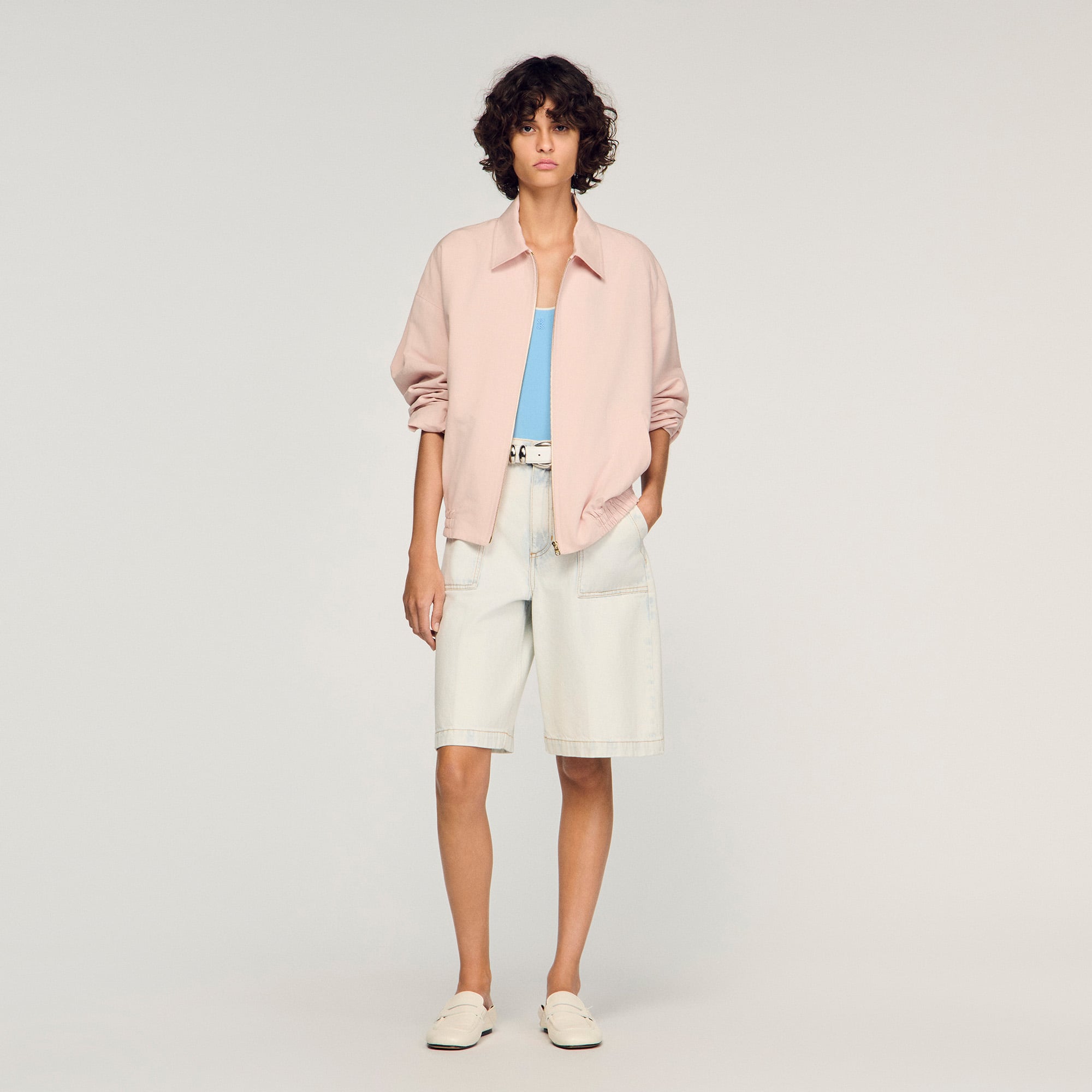 Wide cotton linen zip jacket in Pink for Women | Sandro Paris