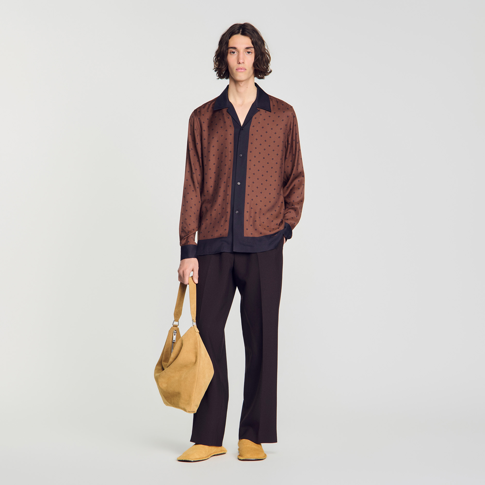 Square Cross motif shirt in Tobacco Brown for Men | Sandro Paris