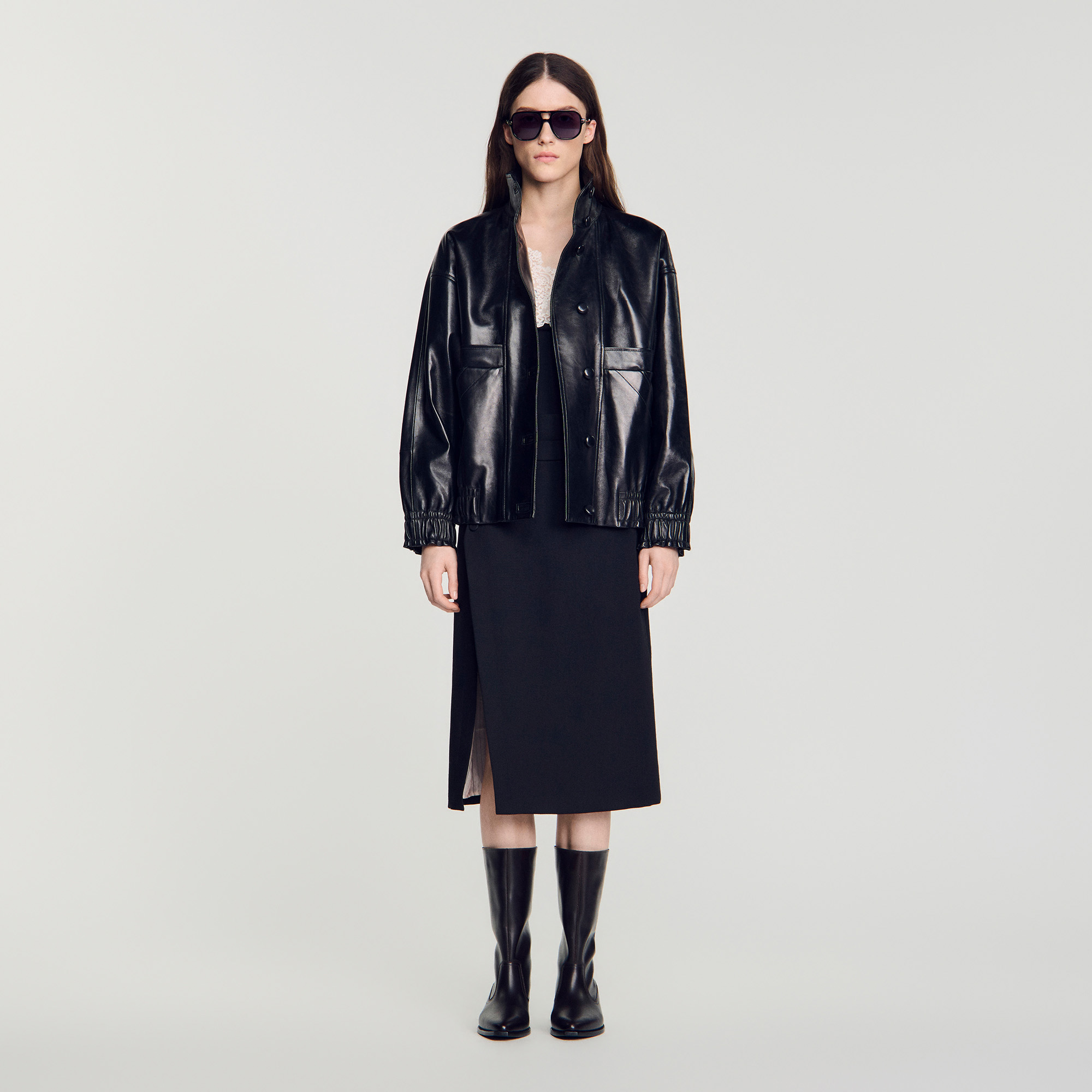 Oversized leather jacket in Black for Women | Sandro Paris