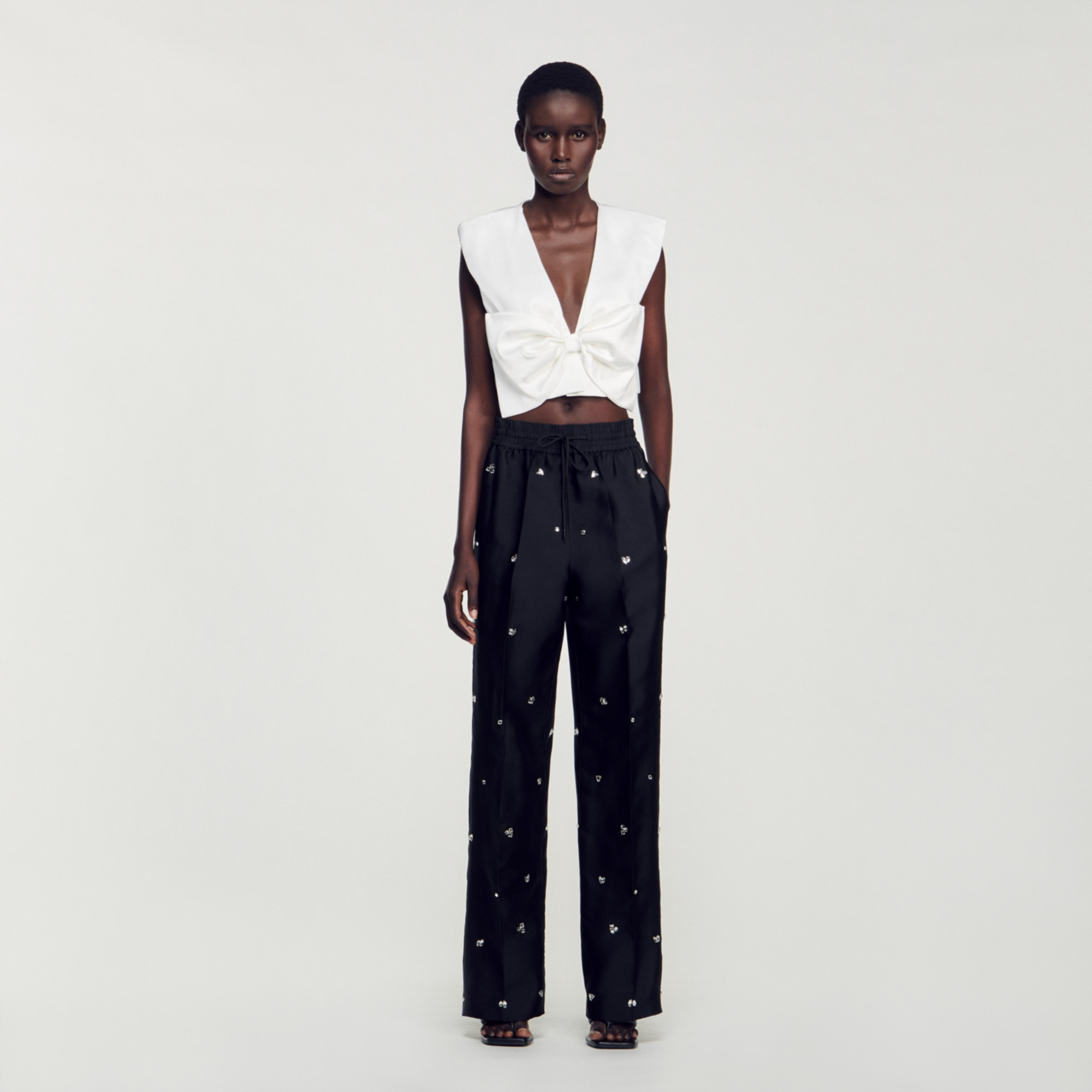 Sandro polyester Oversized taffeta trousers with an elasticated waistband with a drawstring and embellished with rhinestones
