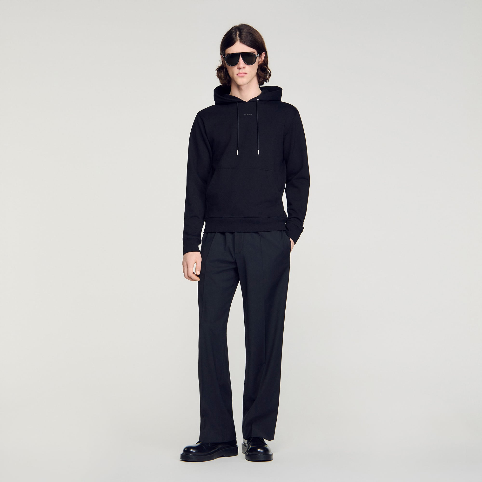 Sandro cotton Classic-fit sweatshirt in unbrushed fleece, embellished with a technical raised Sandro logo on the center front