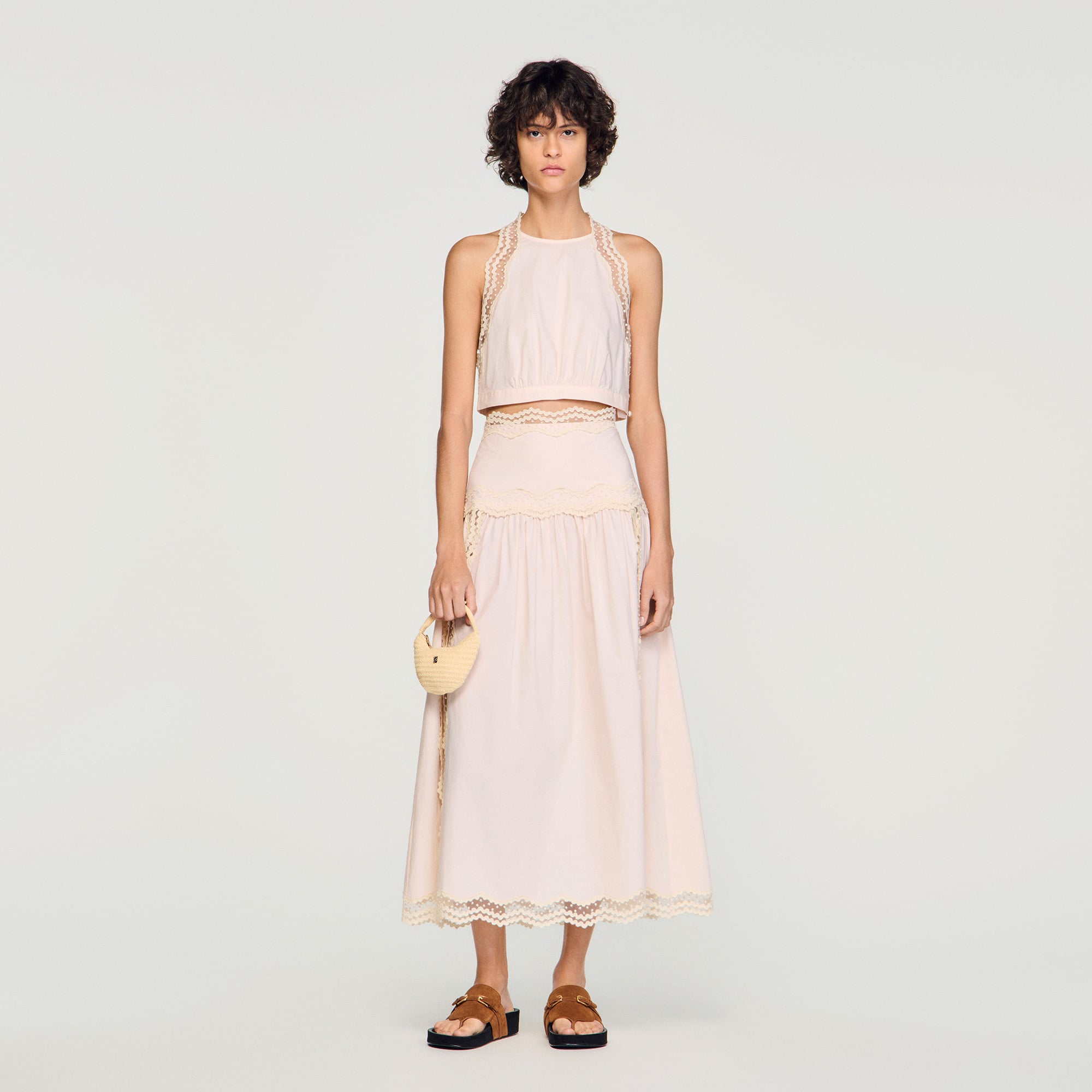 Cotton crop top with lace trim in Light Pink for Women | Sandro Paris