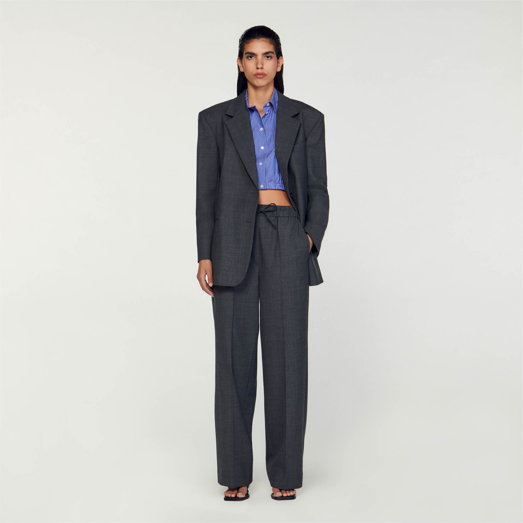 Sandro wool Wide-leg pants with ironed creases and an elasticated drawstring waistband