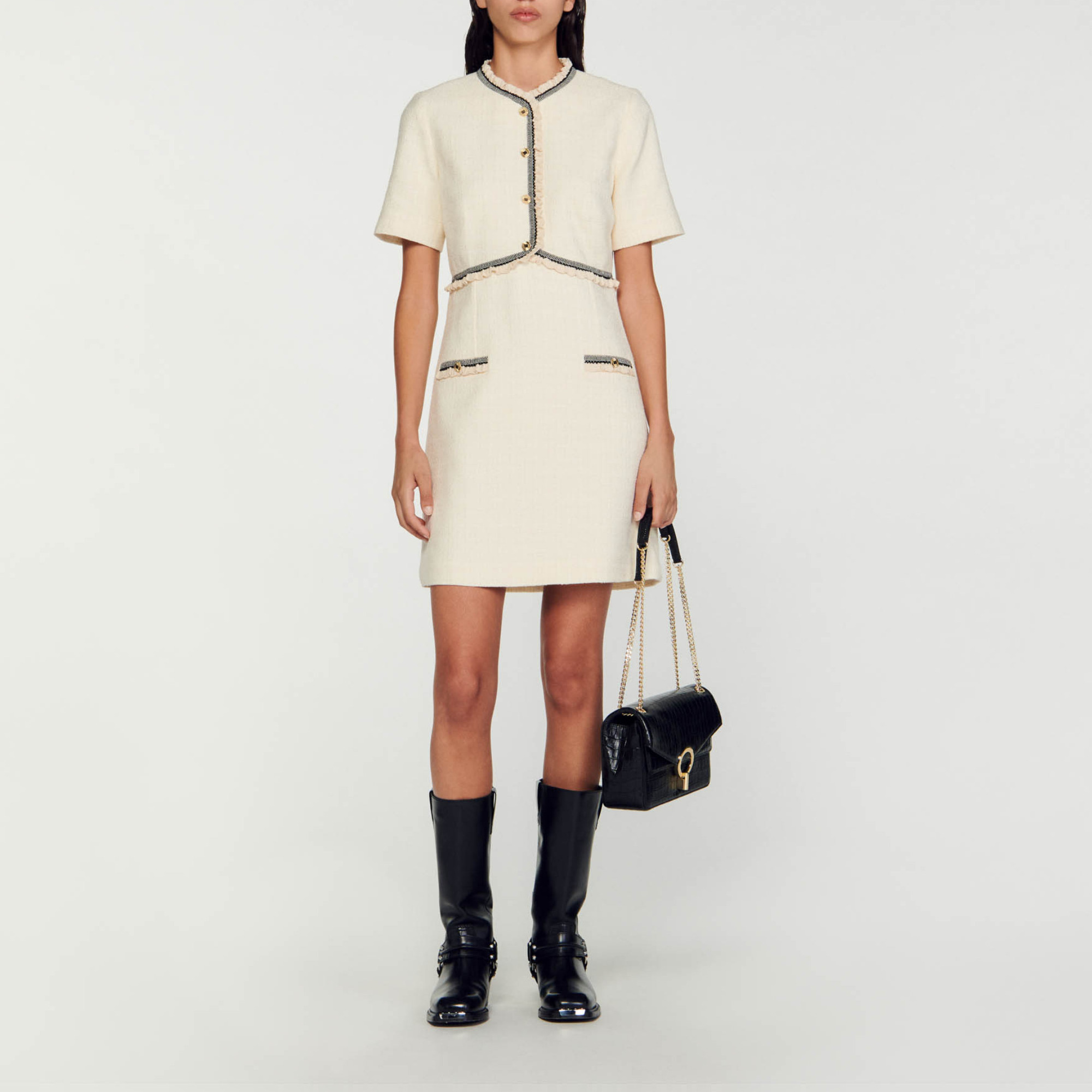 Sandro Short Tweed Dress In Ecru