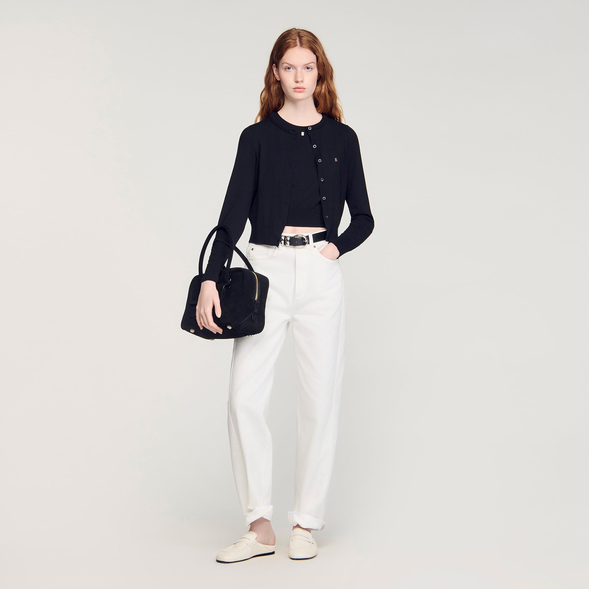 Sandro cotton Plain cropped cardigan with a padded round neck, long sleeves and a button fastening