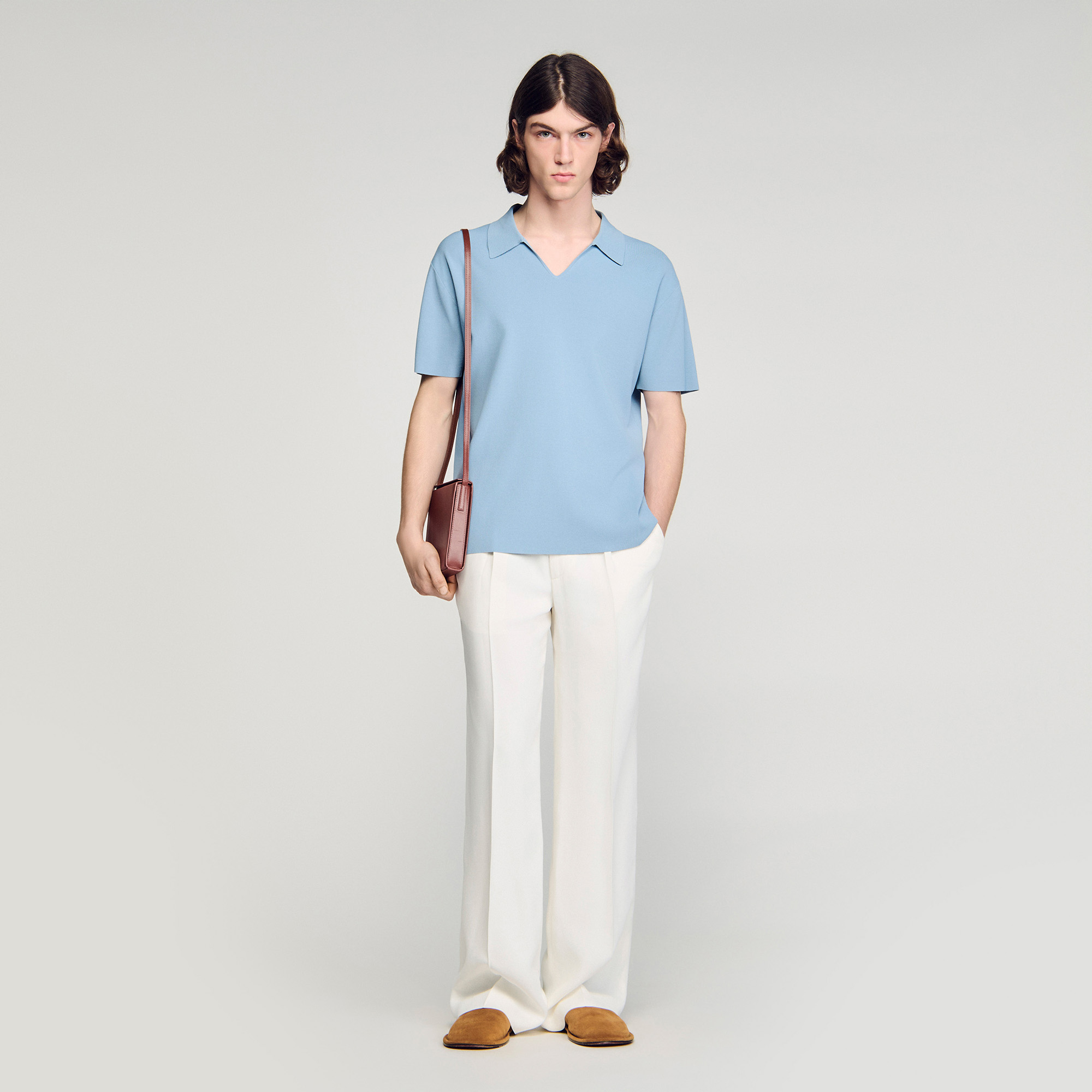 Sandro viscose V-neck, short-sleeved knit polo shirt