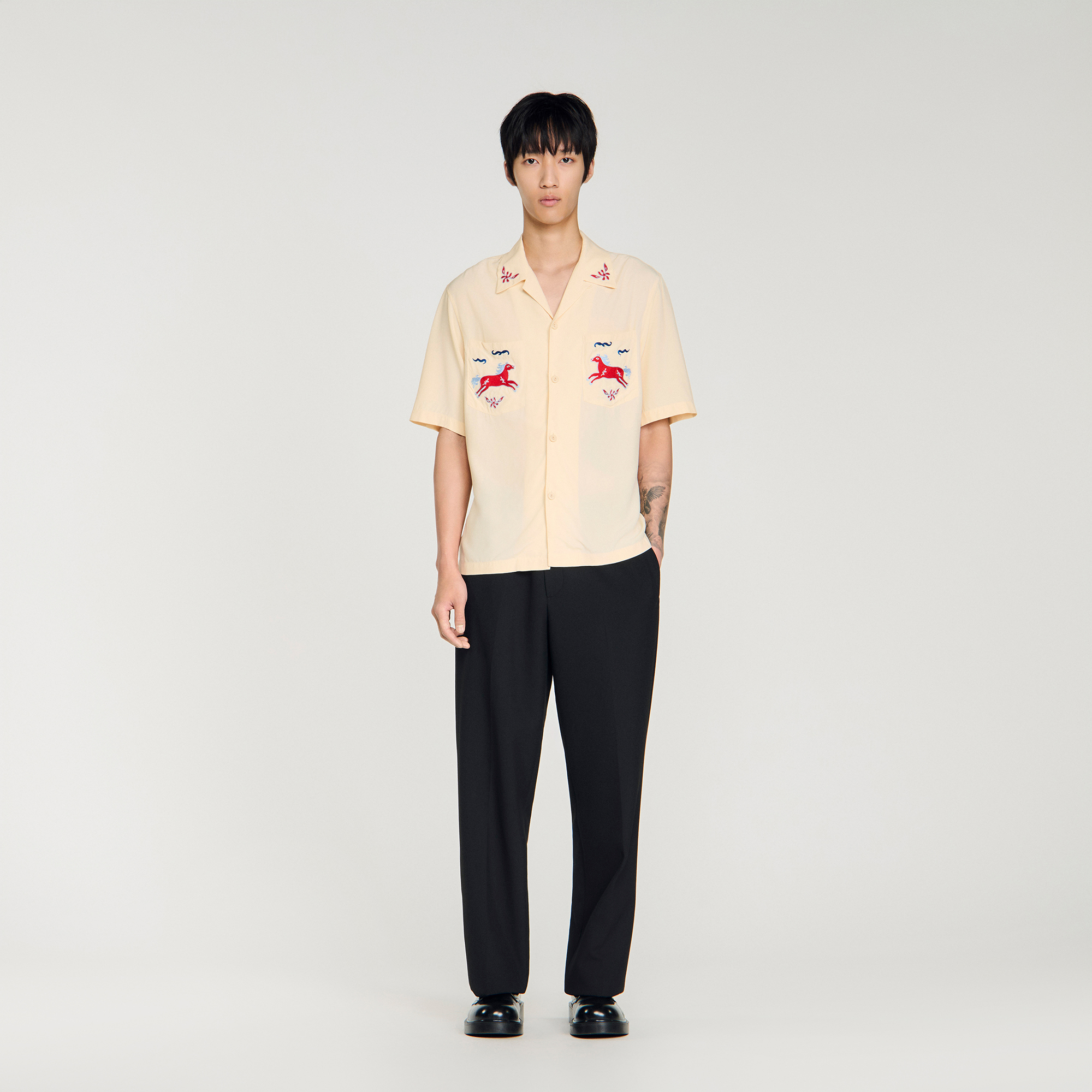 Embroidered horse loose-fit shirt in Chambray for Men | Sandro Paris