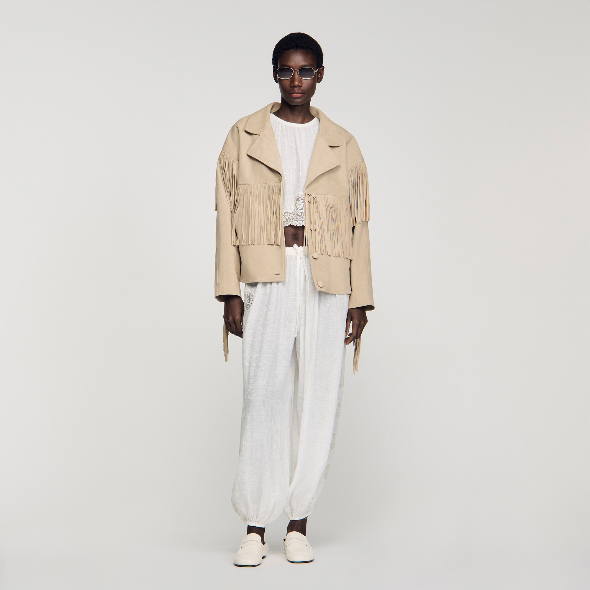 Fringed suede jacket white / beige For Women | Sandro Paris