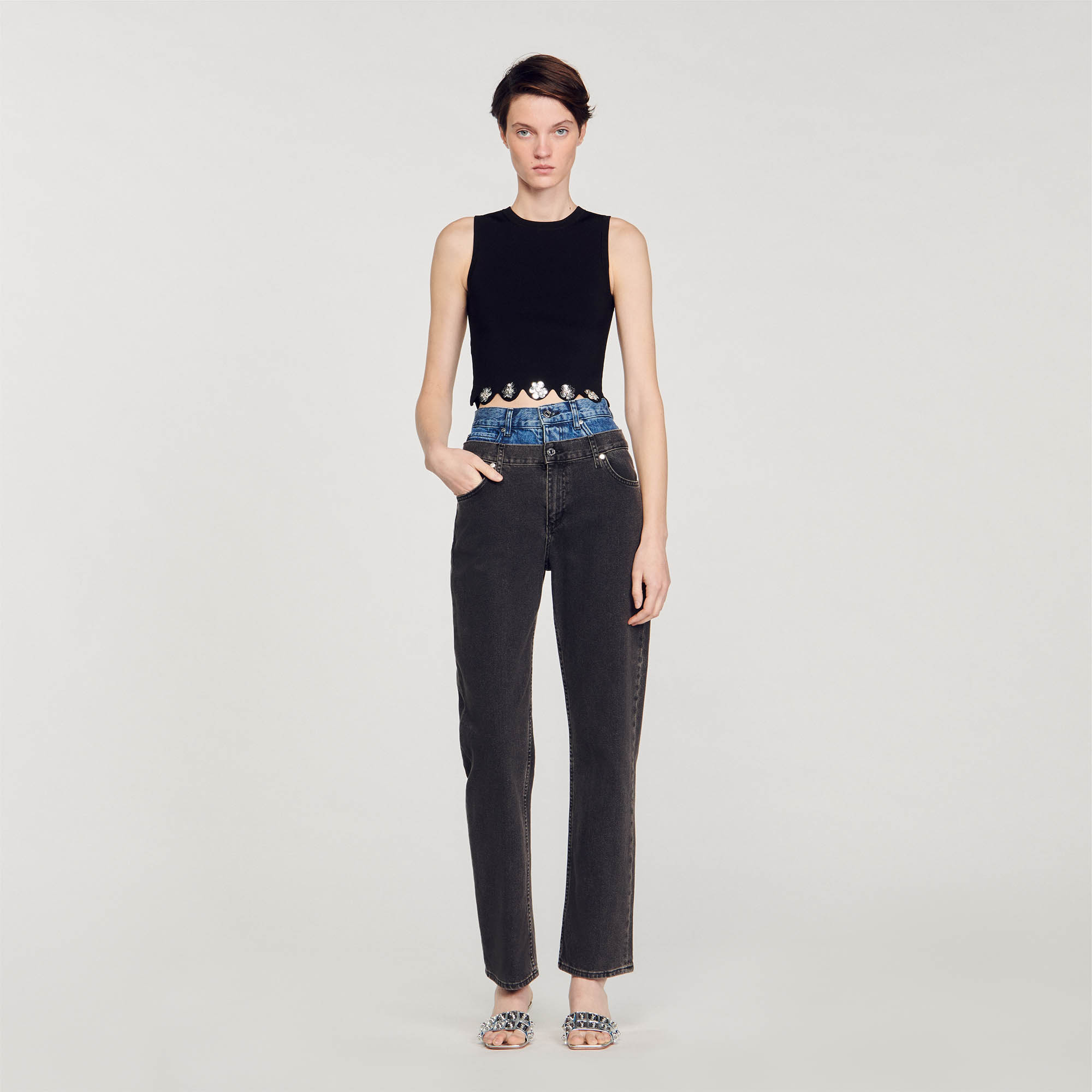 Sandro viscose Sleeveless knit crop top with round neck and scalloped hem embellished with floral sequins