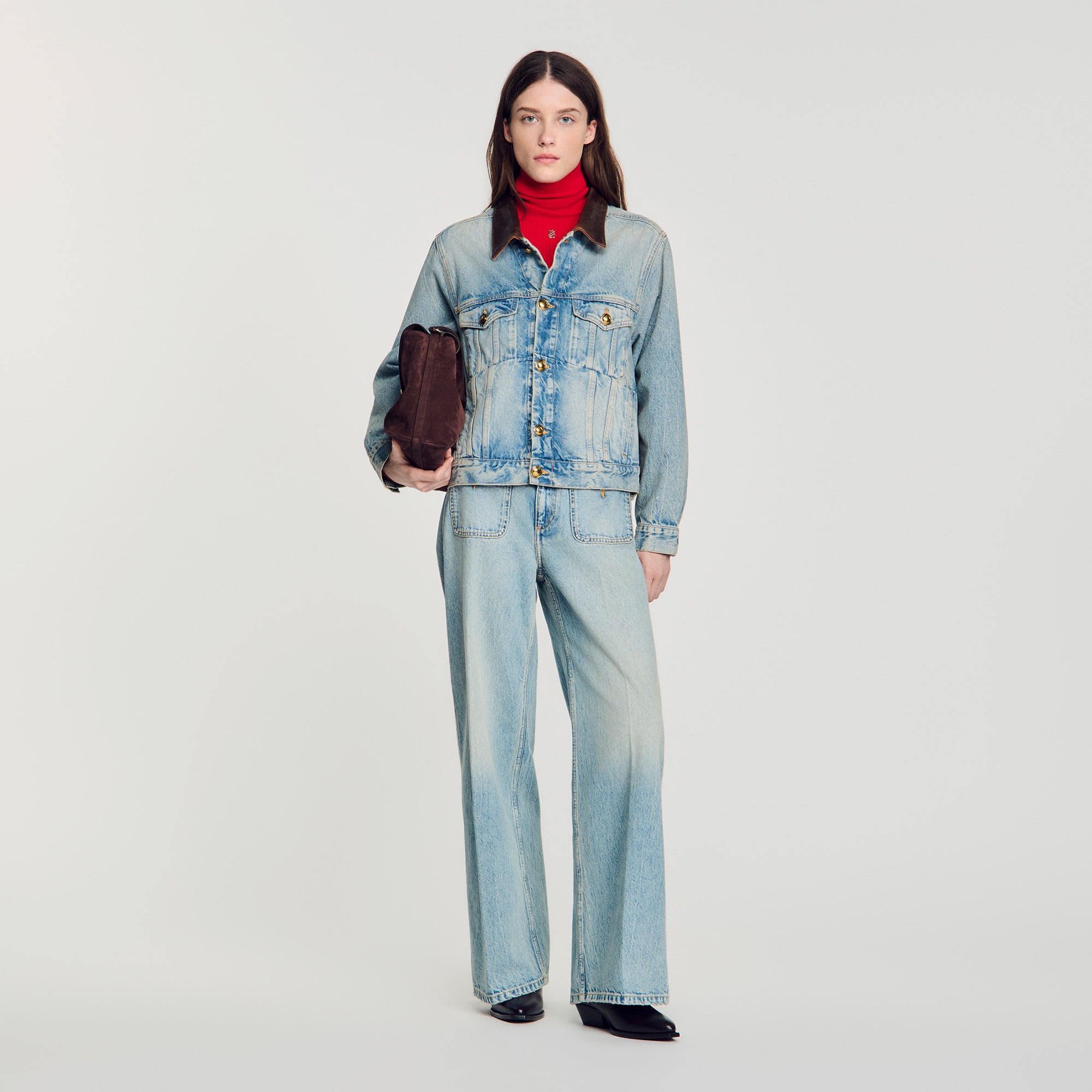 Denim jacket with leather collar