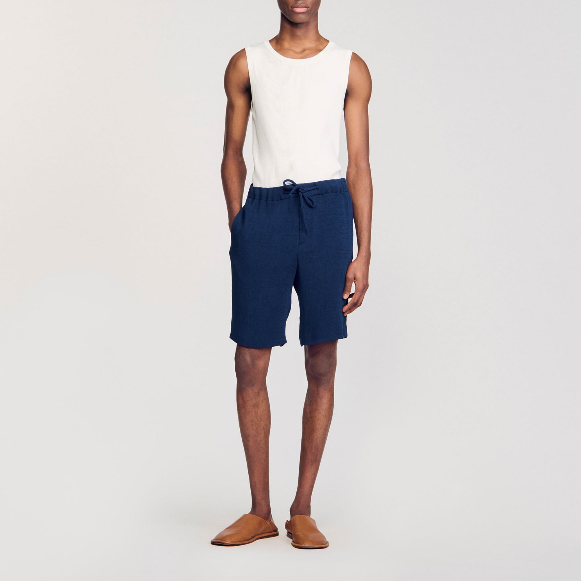 Sandro viscose Pleated Bermuda shorts with elasticated drawstring waist, fly and side pockets