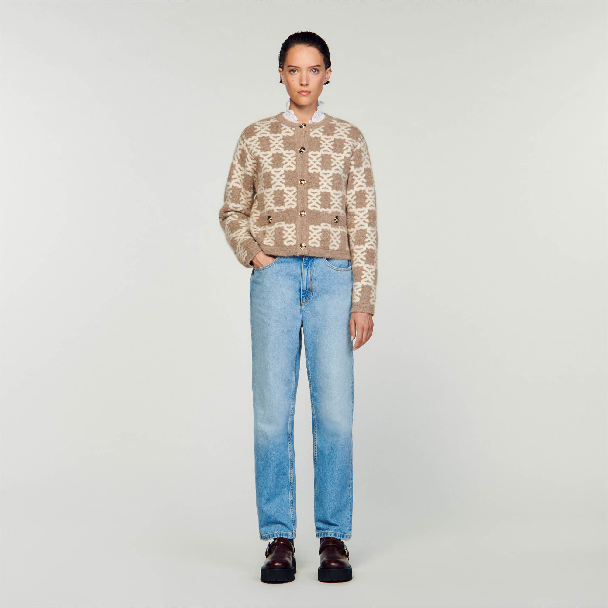 Sandro polyamide Double-S jacquard knit coatigan with contrasting stripes, long sleeves, decorative button fastening and welt pockets on waist